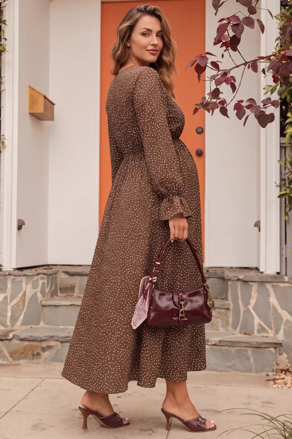 Long Sleeve Polka Dot Maternity Maxi Dress