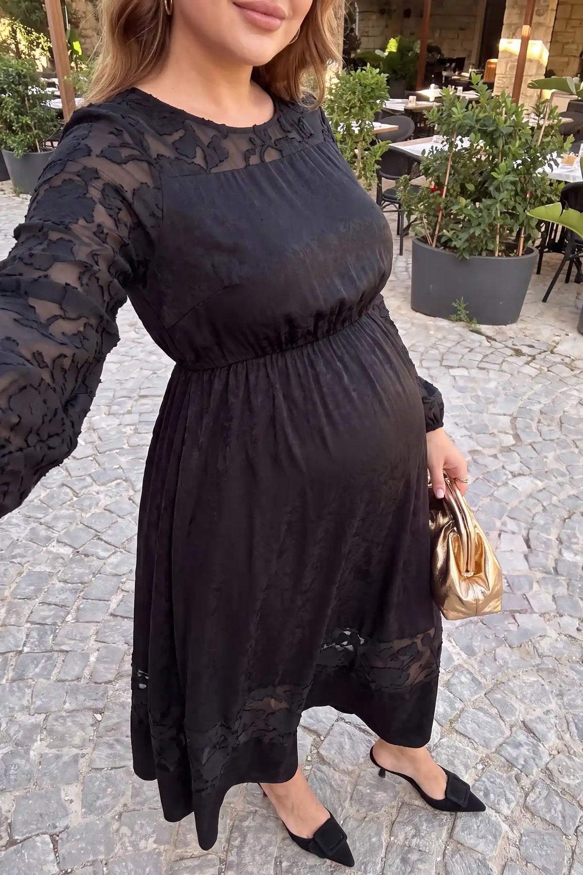 Sheer Burnout Floral Sleeve Maternity Maxi Dress