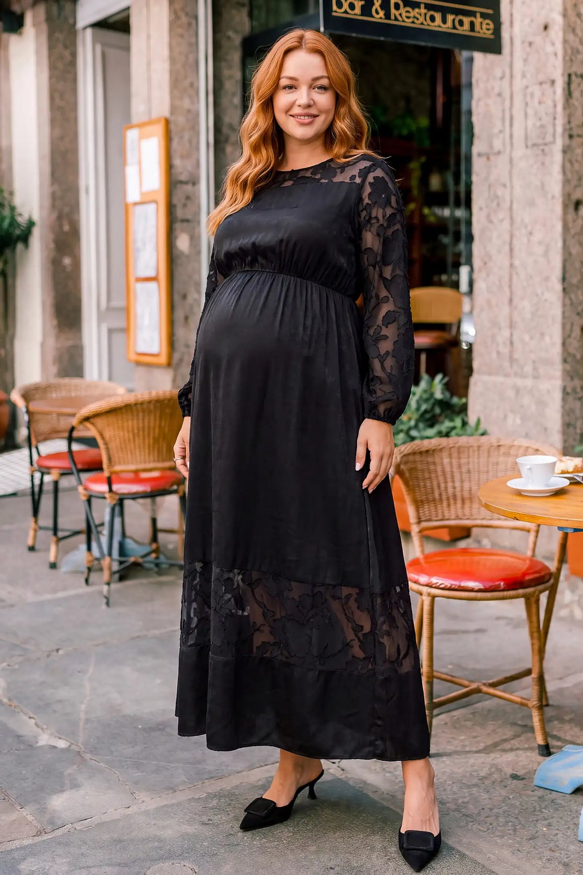Sheer Burnout Floral Sleeve Maternity Maxi Dress