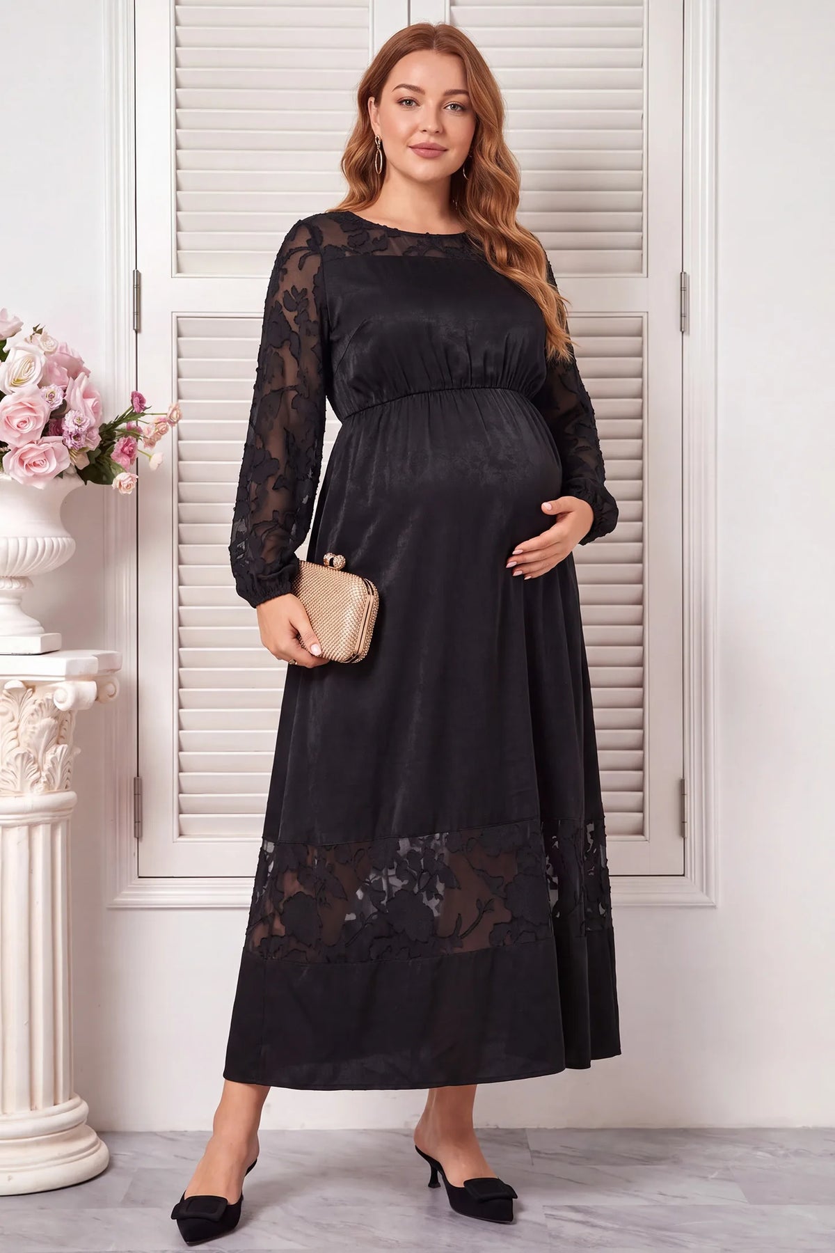 Sheer Burnout Floral Sleeve Maternity Maxi Dress