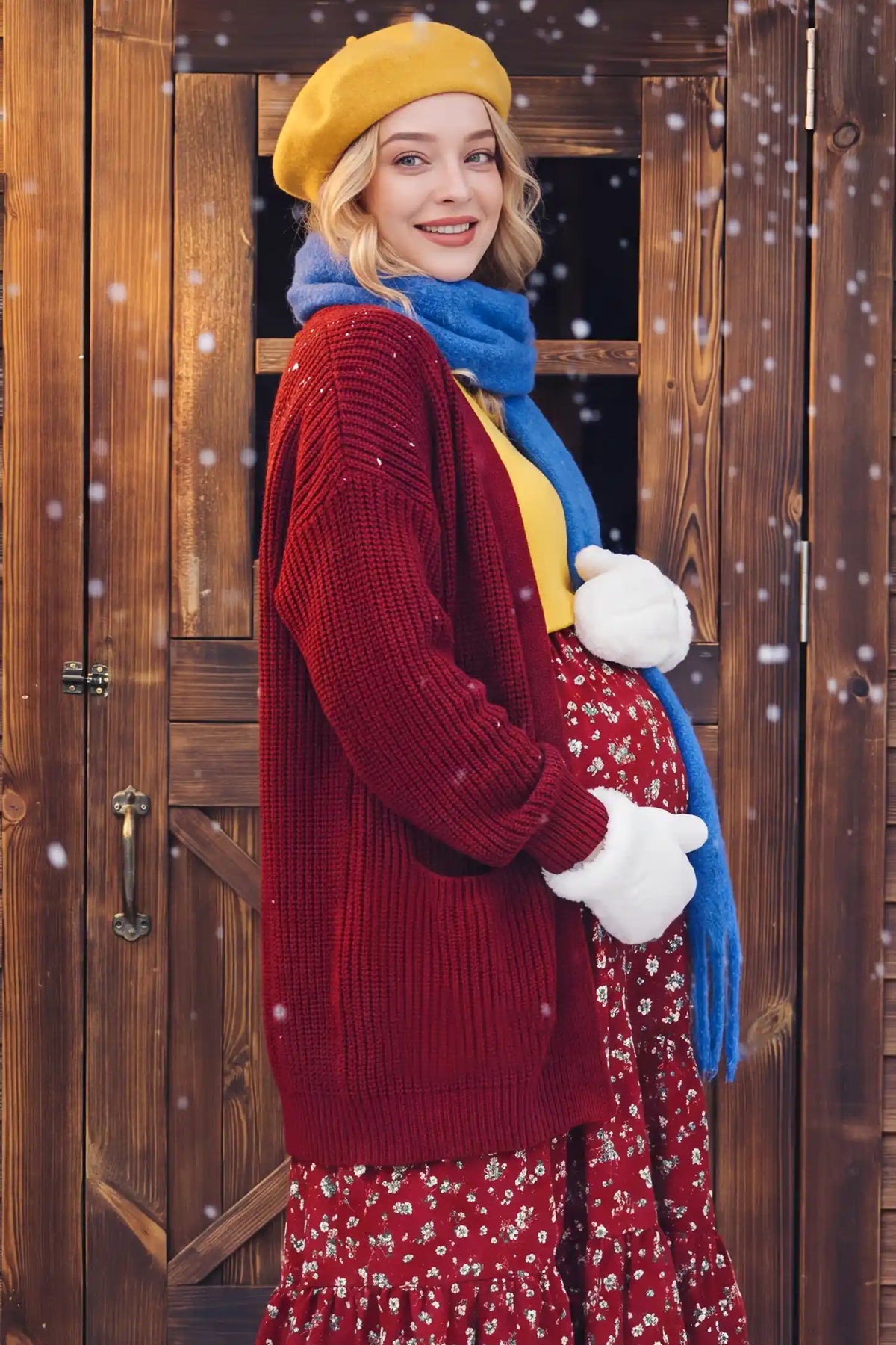 Solid Open Front Pocketed Knit Maternity Cardigan
