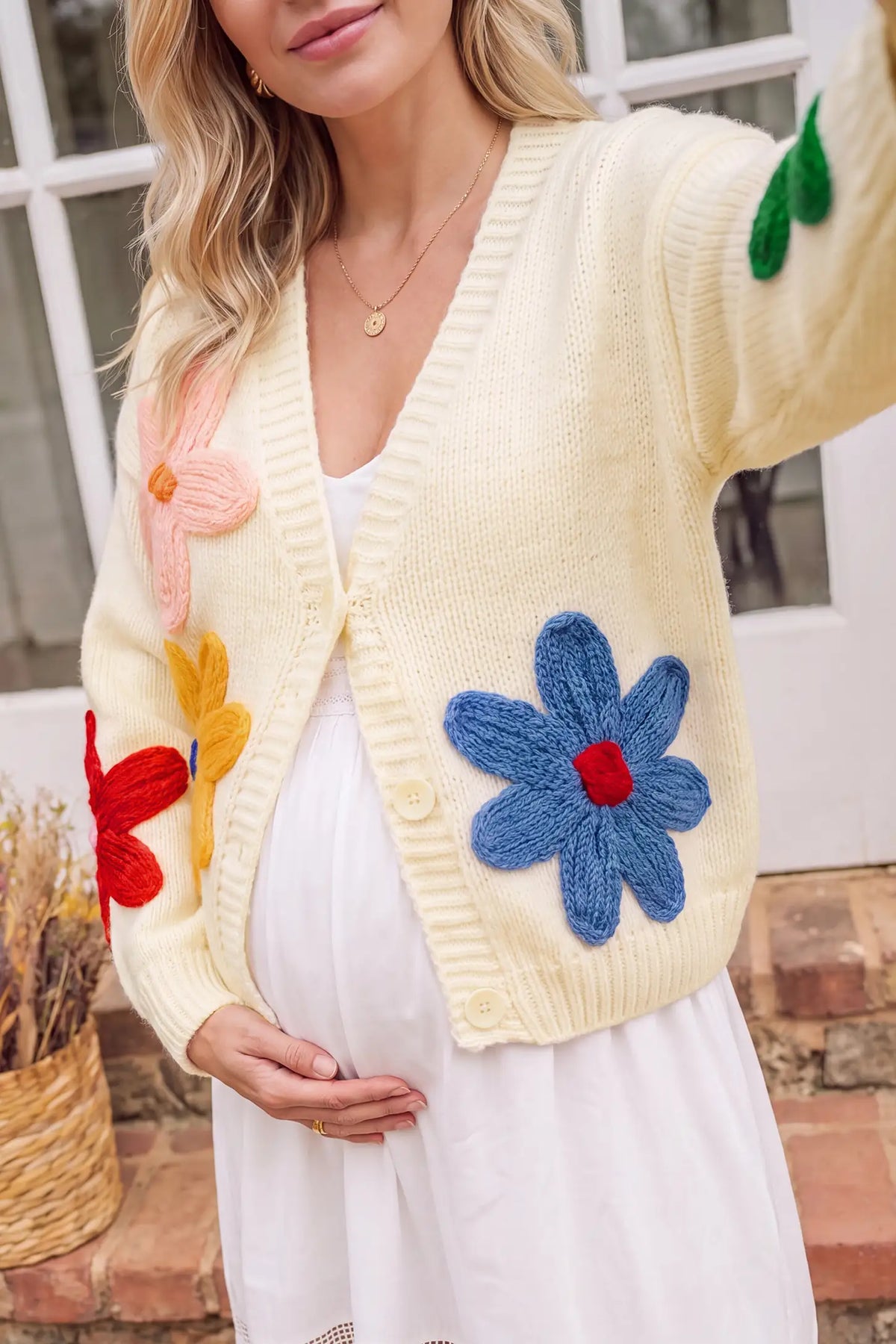3D Floral V Neck Knit Maternity Cardigan