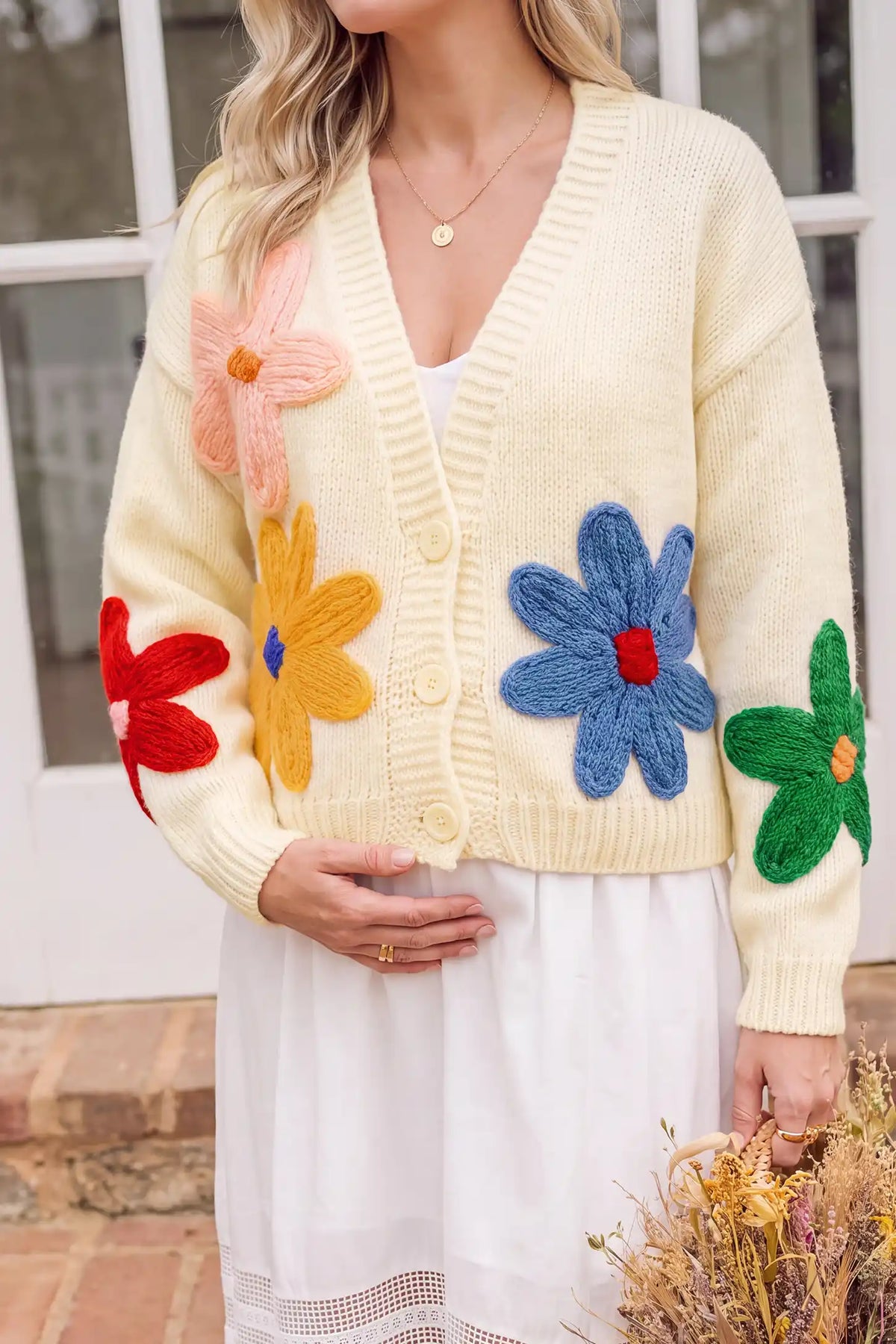 3D Floral V Neck Knit Maternity Cardigan
