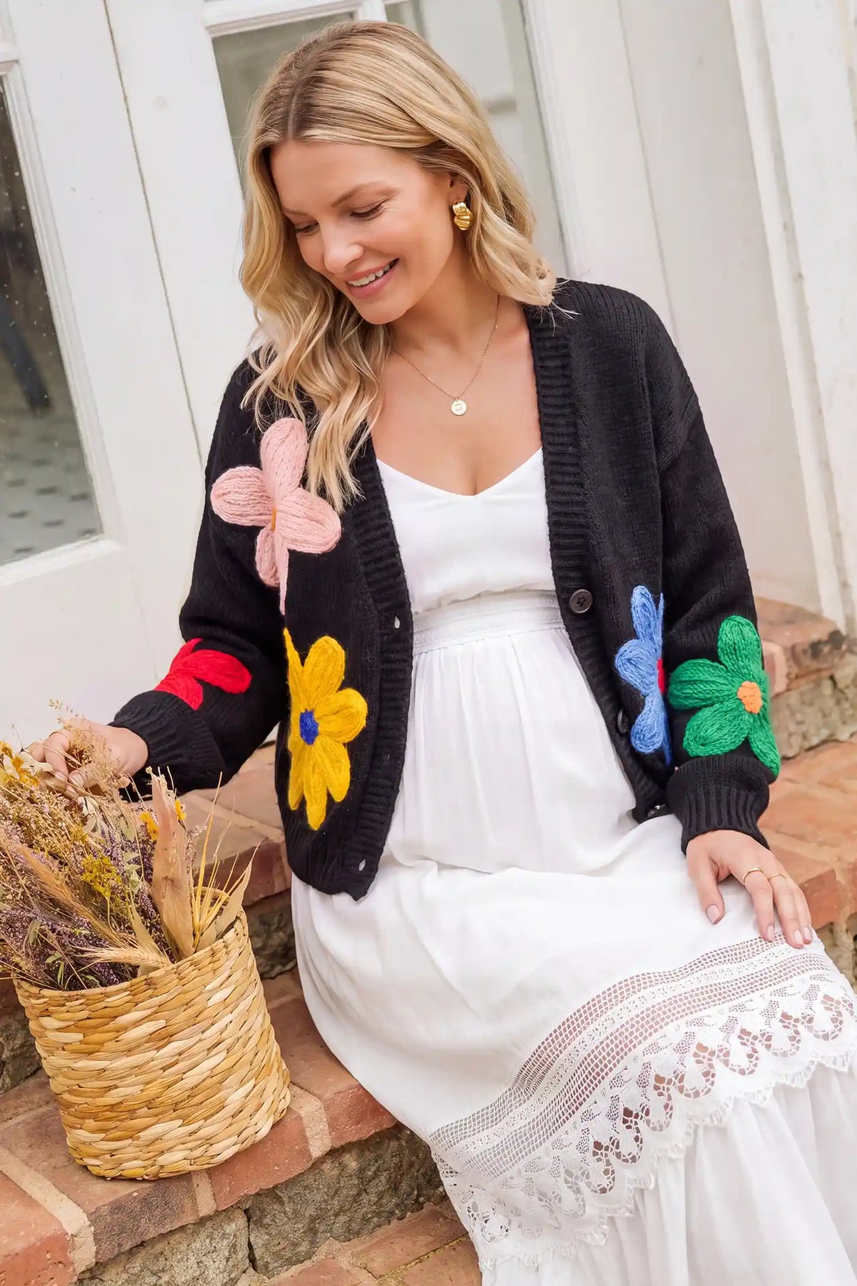 3D Floral V Neck Knit Maternity Cardigan