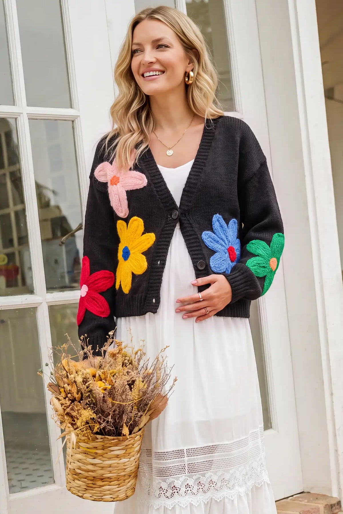 3D Floral V Neck Knit Maternity Cardigan