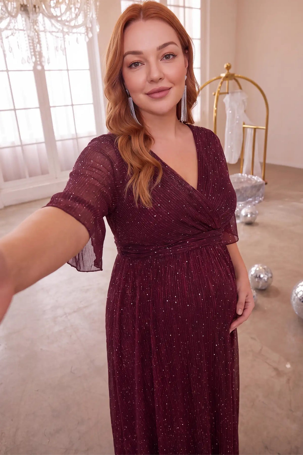 Deep V Neck Sequin Shimmer Maternity Maxi Dress