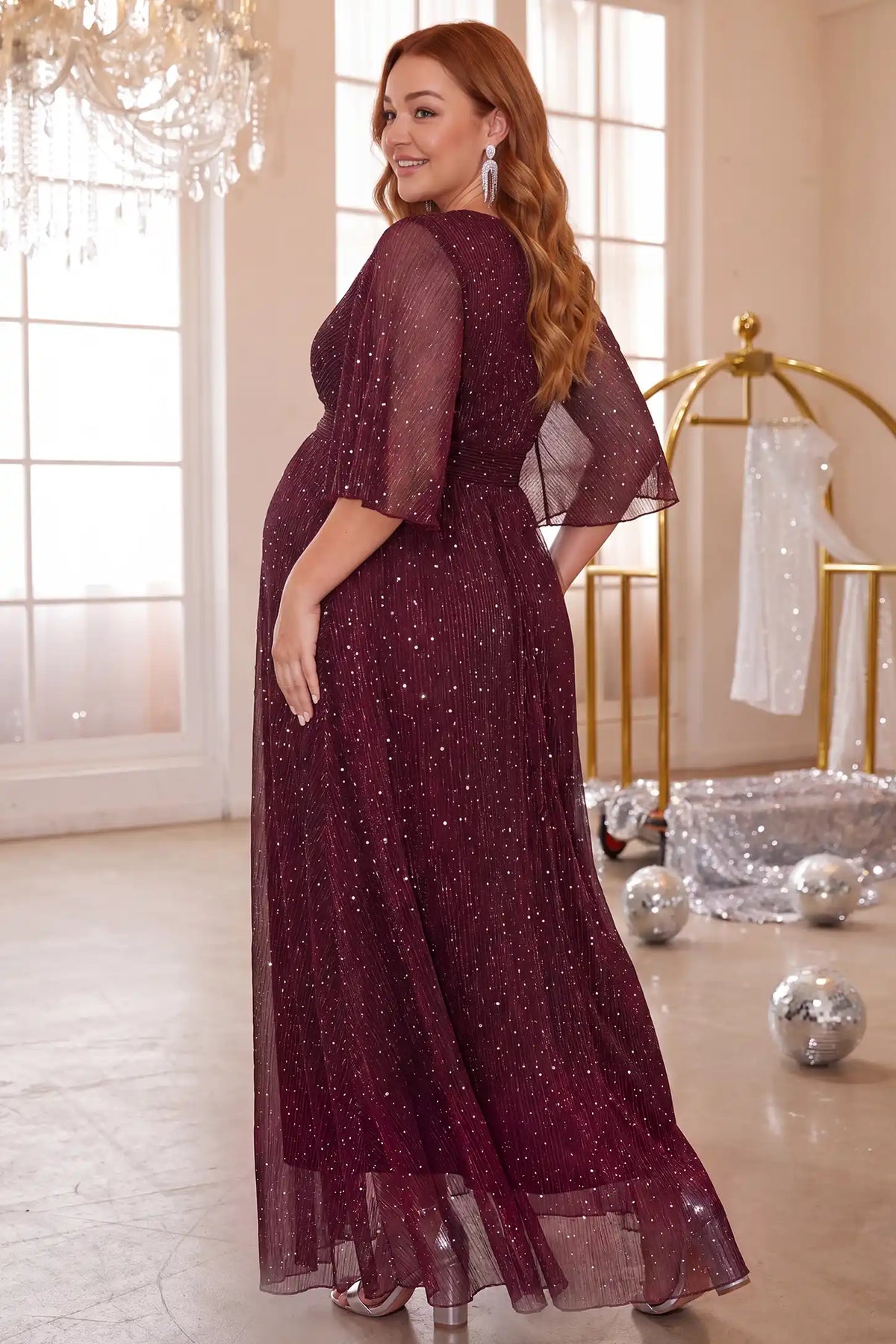 Deep V Neck Sequin Shimmer Maternity Maxi Dress
