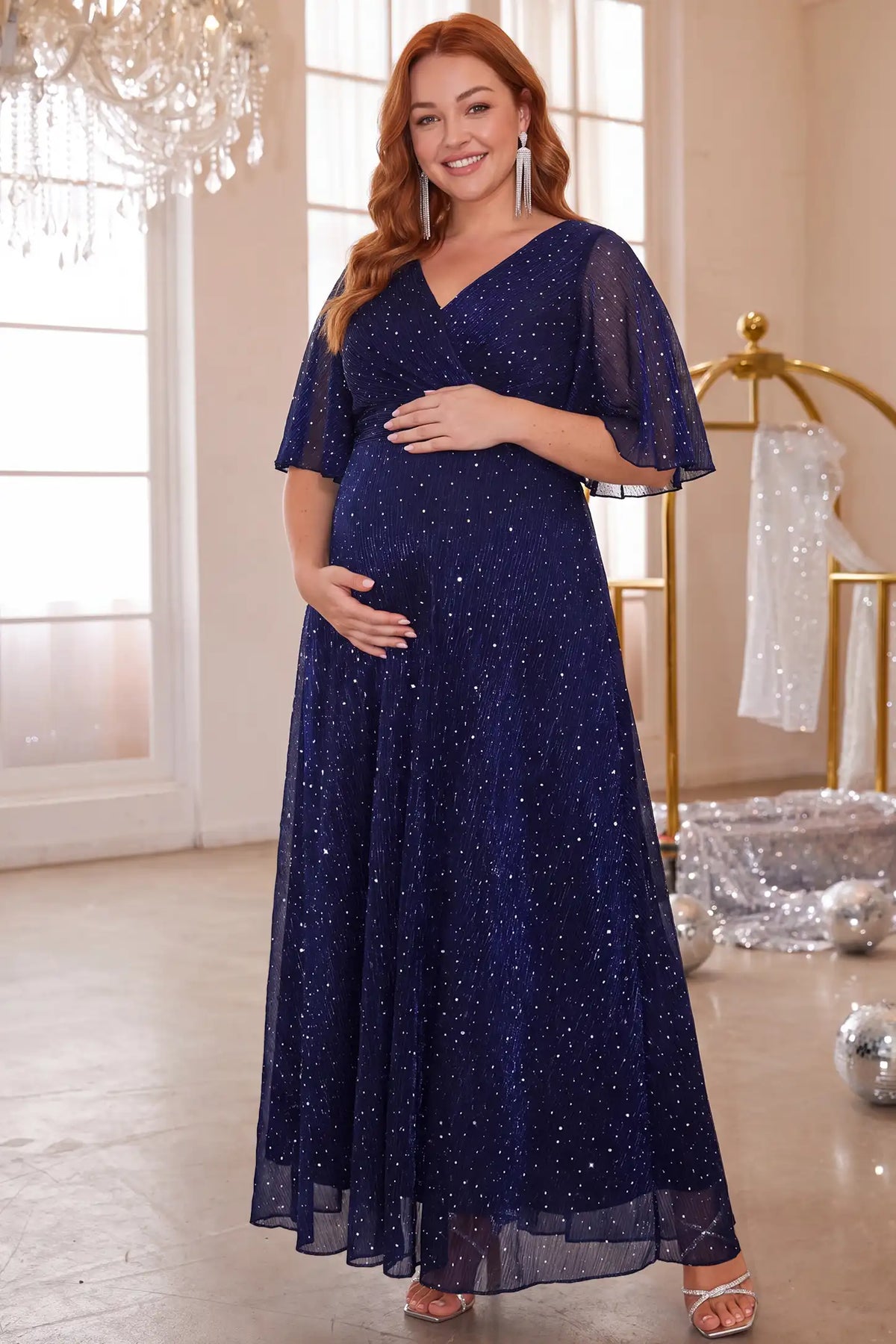 Deep V Neck Sequin Shimmer Maternity Maxi Dress