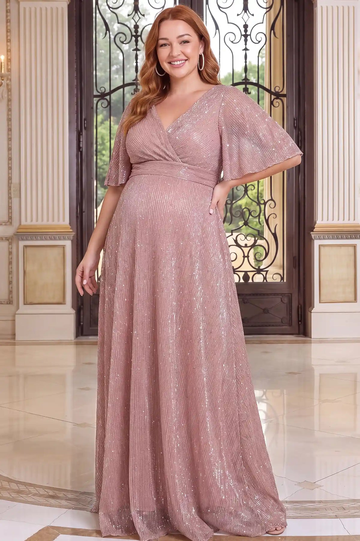 Deep V Neck Sequin Shimmer Maternity Maxi Dress