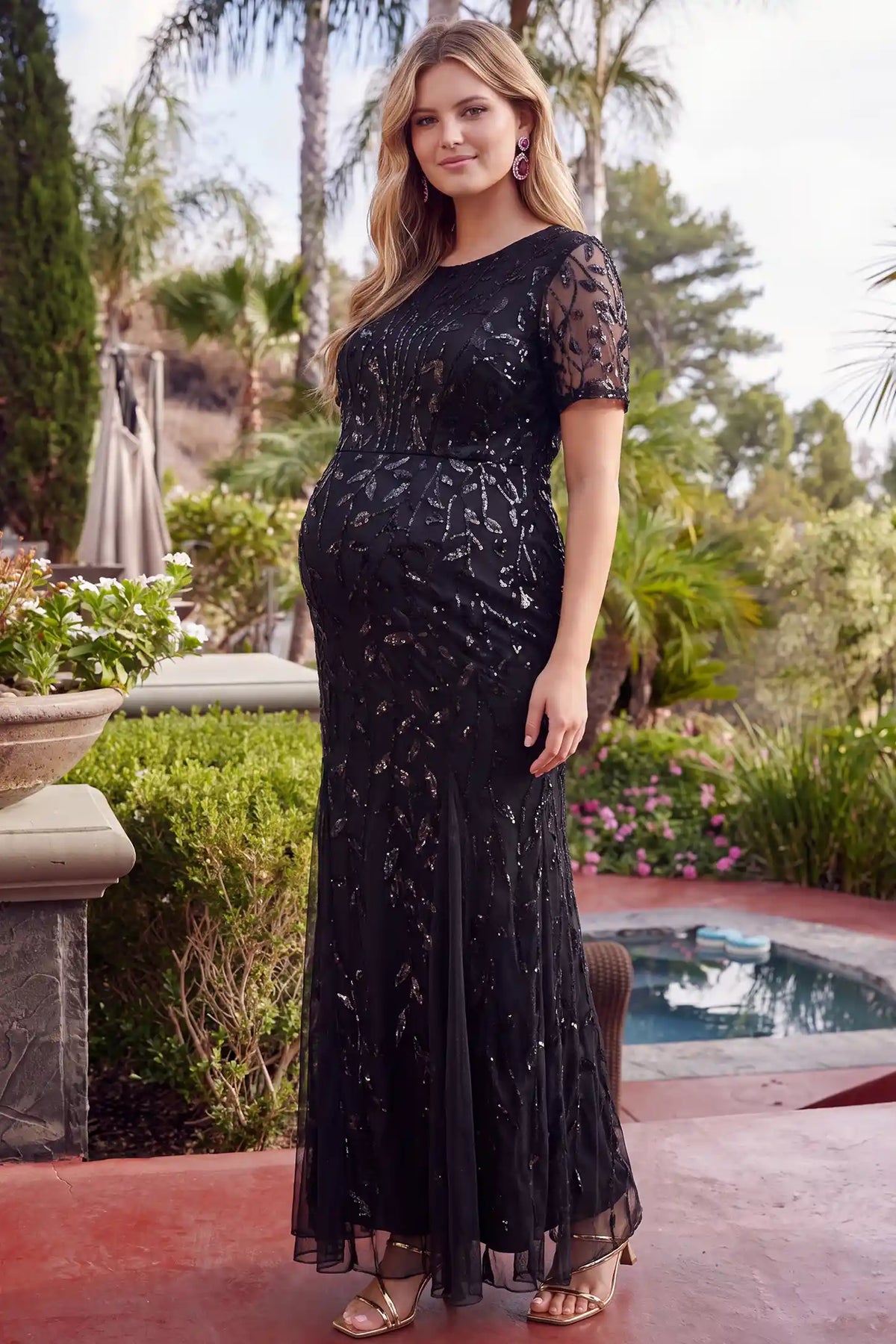 Sequin Slit Short Sleeve Maternity Maxi Dress