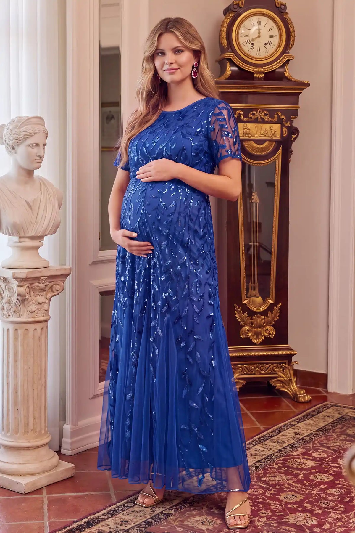 Sequin Slit Short Sleeve Maternity Maxi Dress