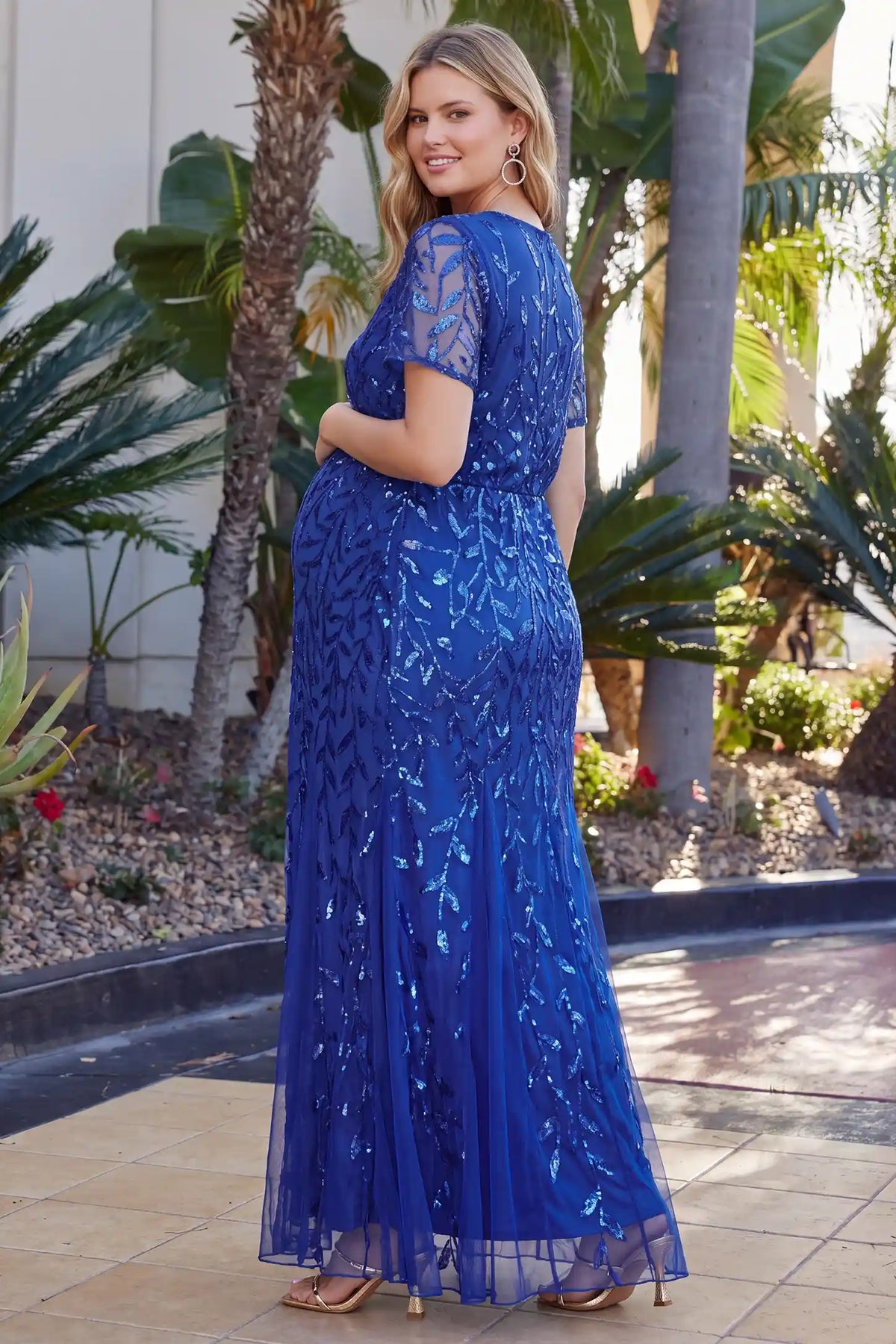 Sequin Slit Short Sleeve Maternity Maxi Dress