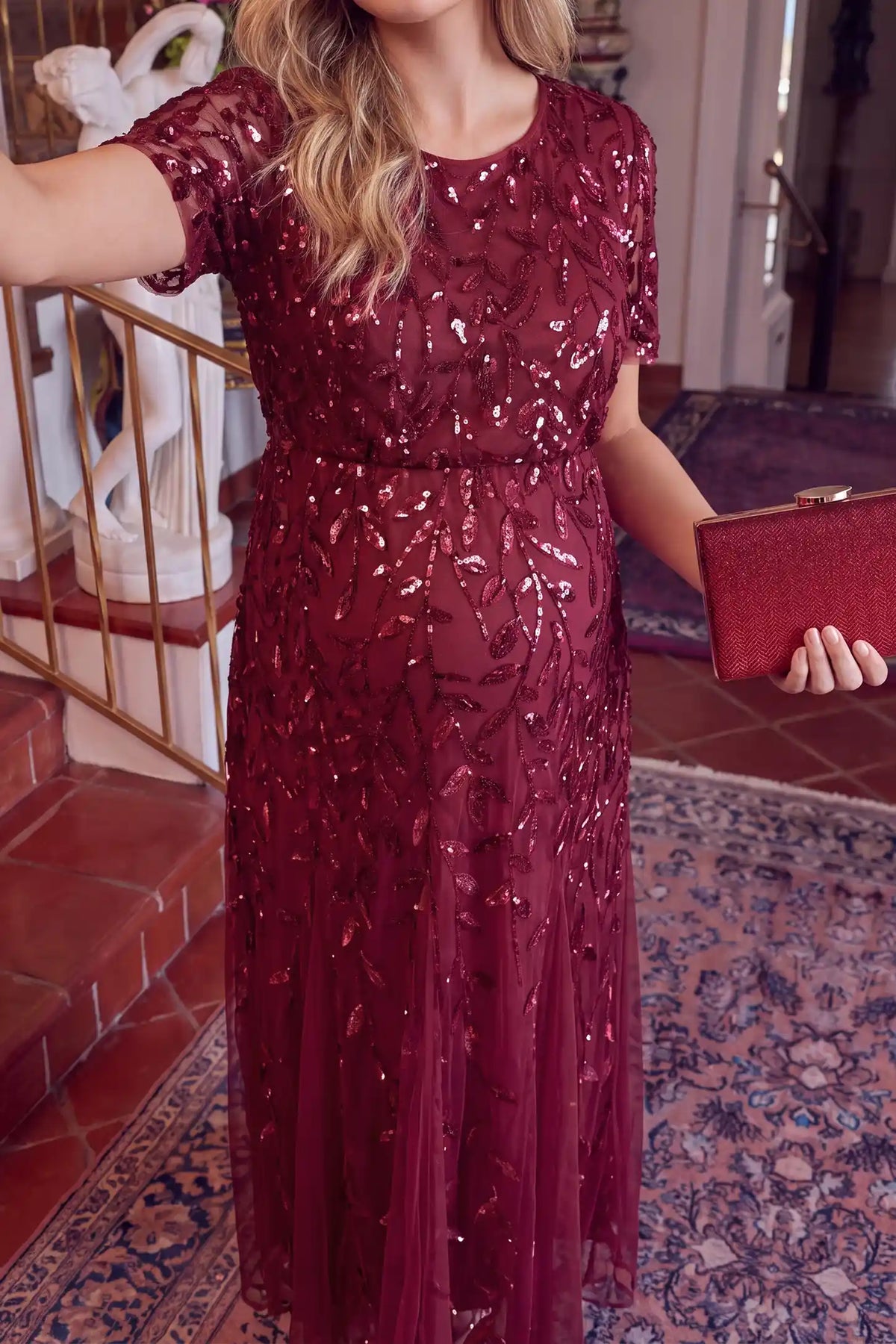 Sequin Slit Short Sleeve Maternity Maxi Dress