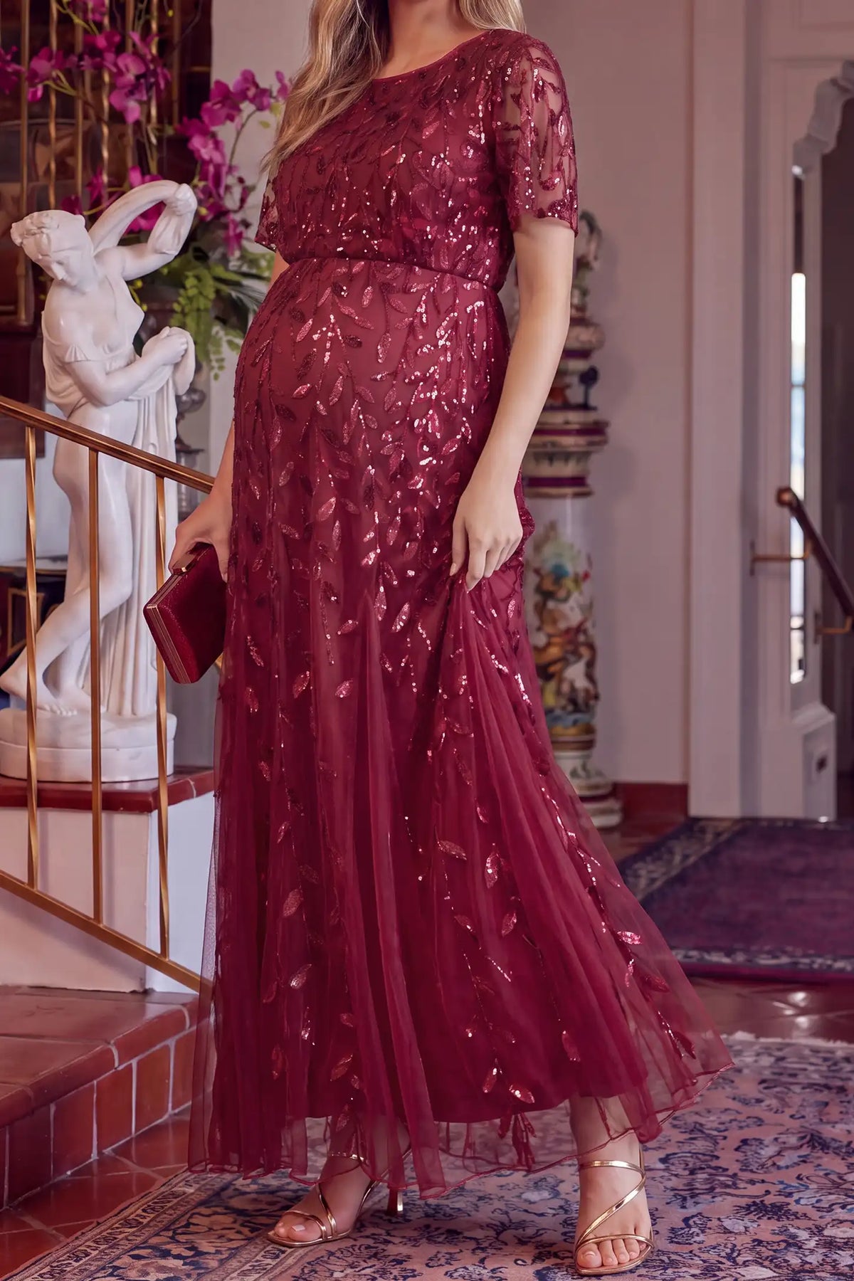 Sequin Slit Short Sleeve Maternity Maxi Dress