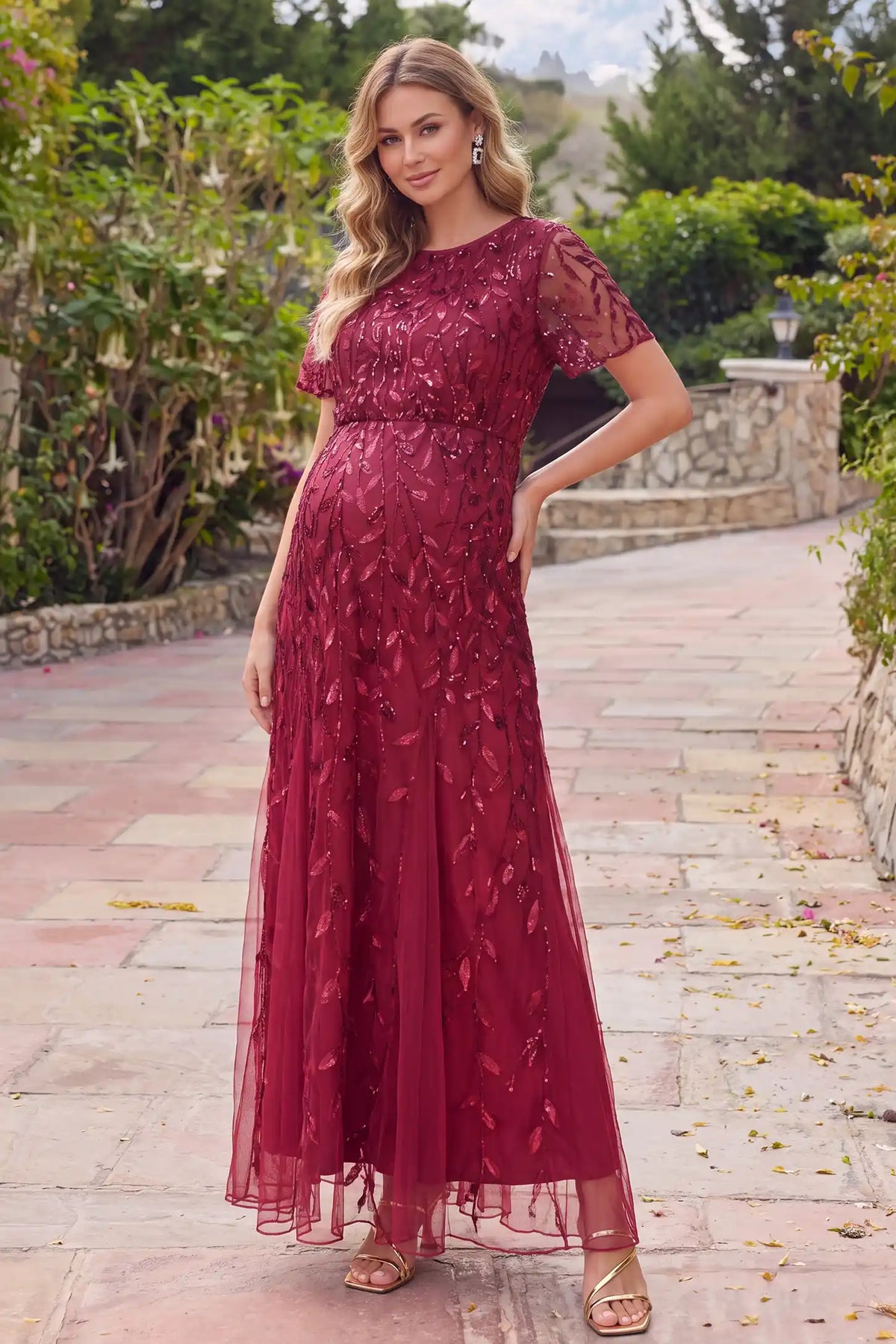 Sequin Slit Short Sleeve Maternity Maxi Dress