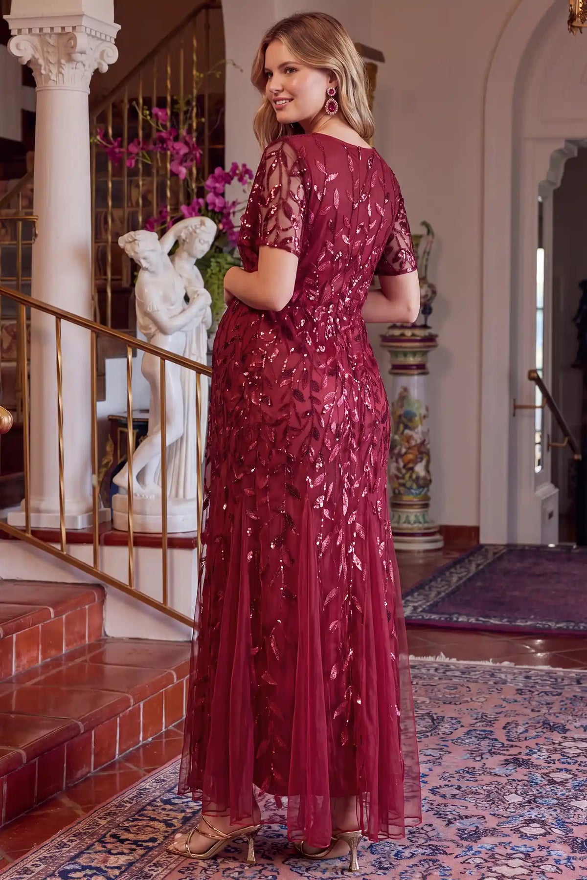 Sequin Slit Short Sleeve Maternity Maxi Dress