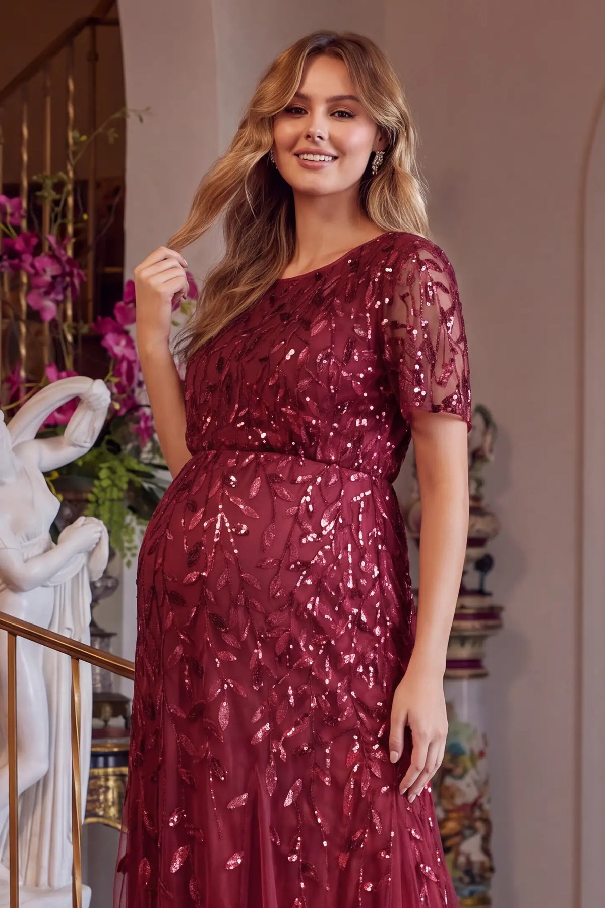 Sequin Slit Short Sleeve Maternity Maxi Dress