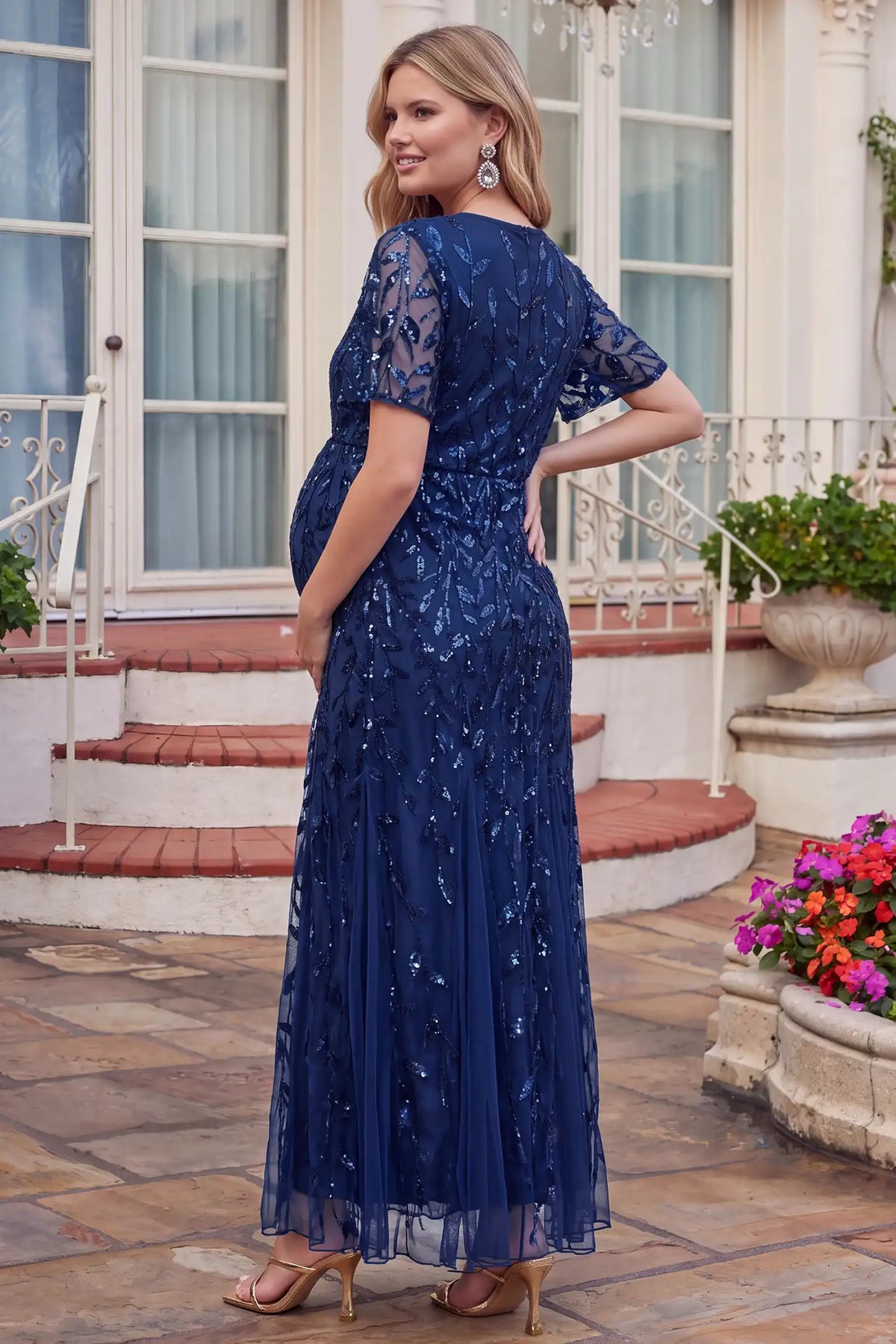 Sequin Slit Short Sleeve Maternity Maxi Dress