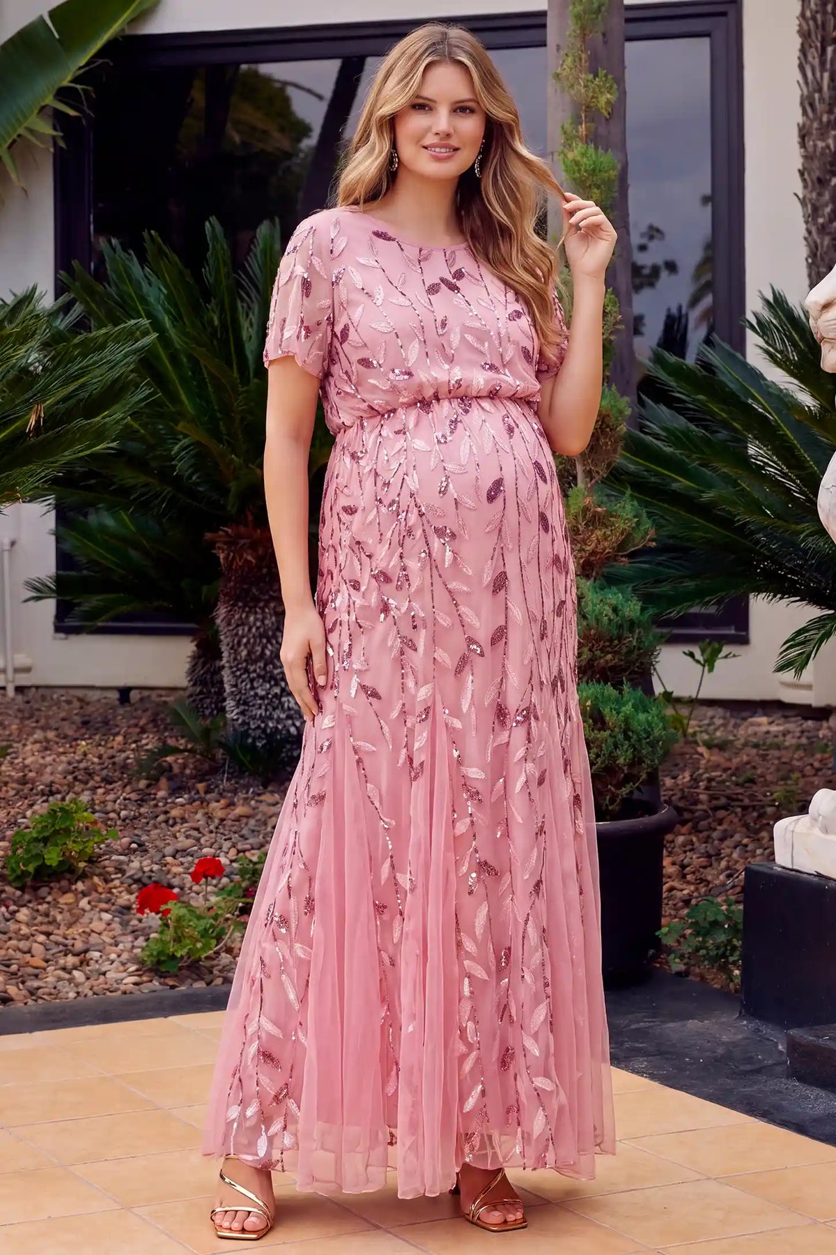 Sequin Slit Short Sleeve Maternity Maxi Dress