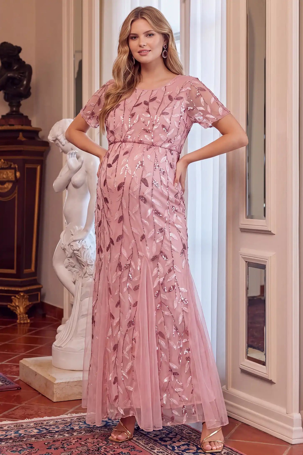 Sequin Slit Short Sleeve Maternity Maxi Dress
