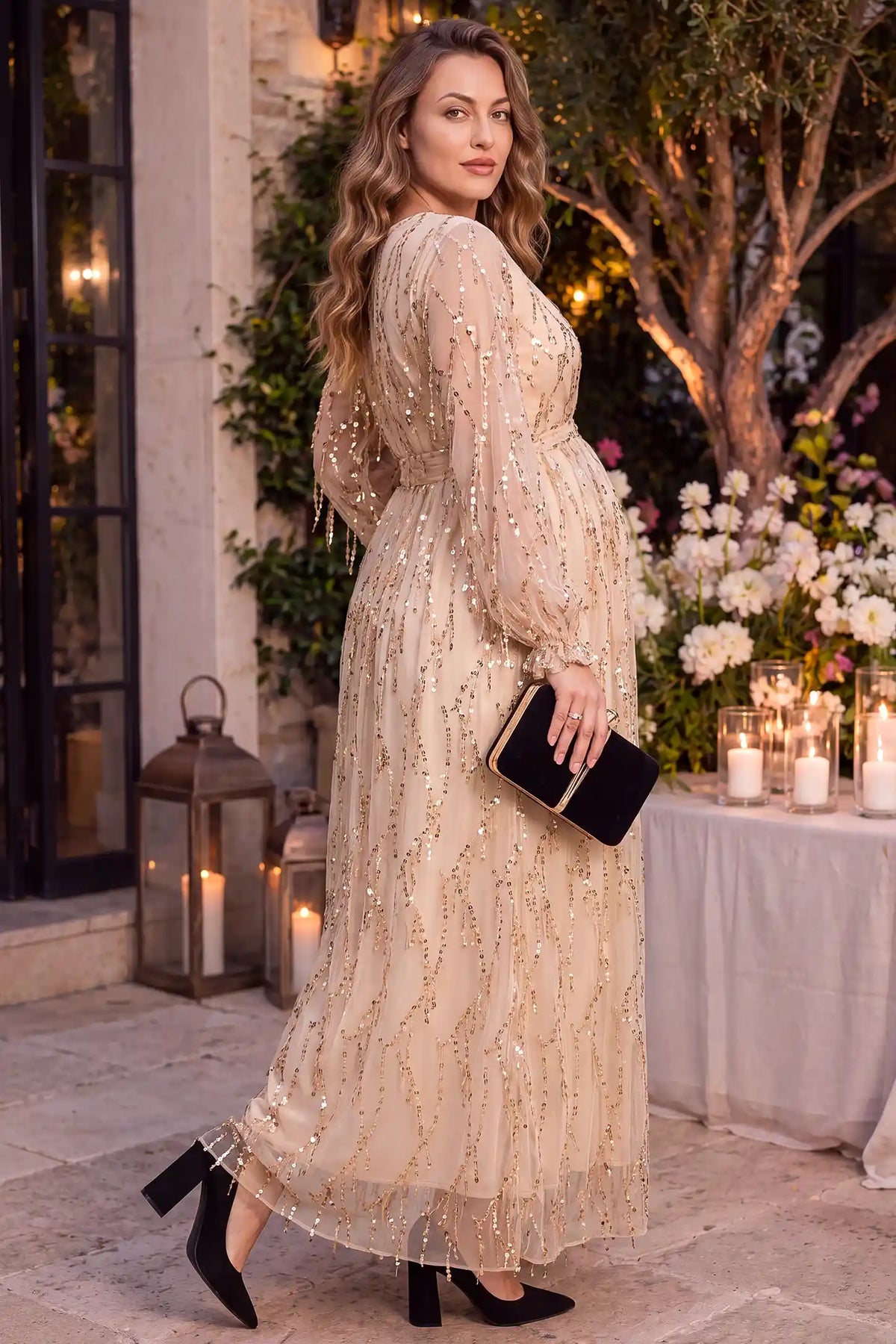 Sequin V Neck Lantern Sleeve Maternity Maxi Dress