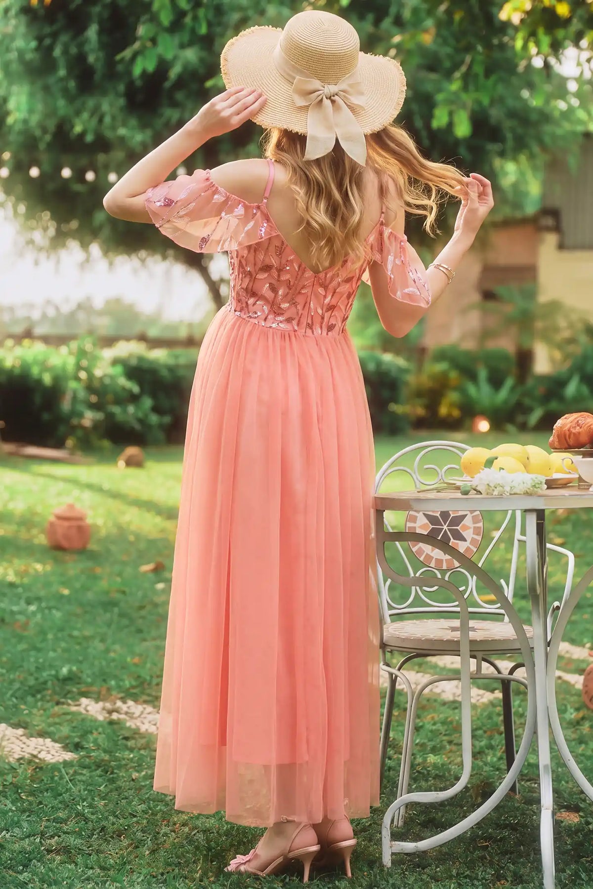 Sequin Flutter Sleeve Tulle Maternity Maxi Dress