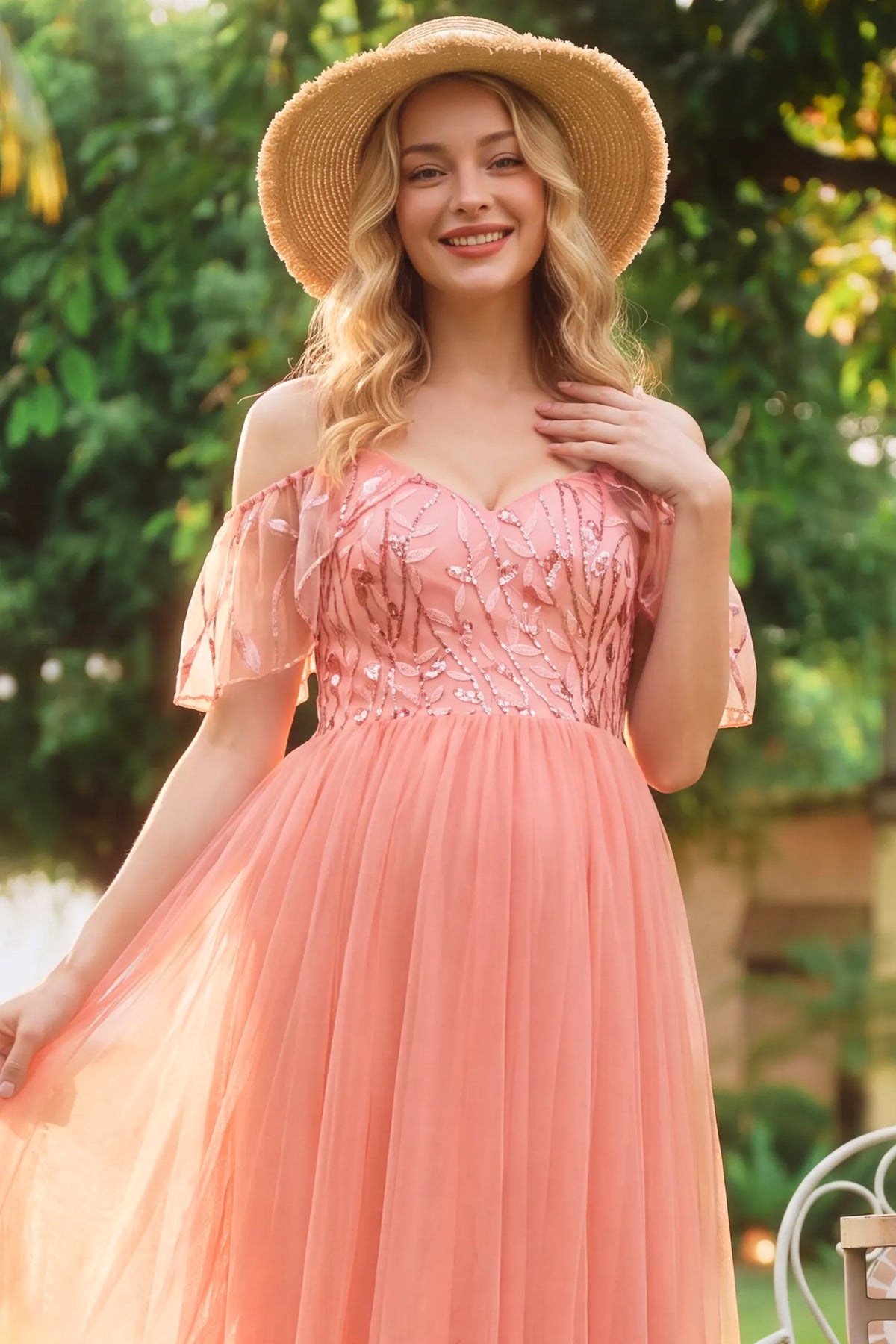 Sequin Flutter Sleeve Tulle Maternity Maxi Dress