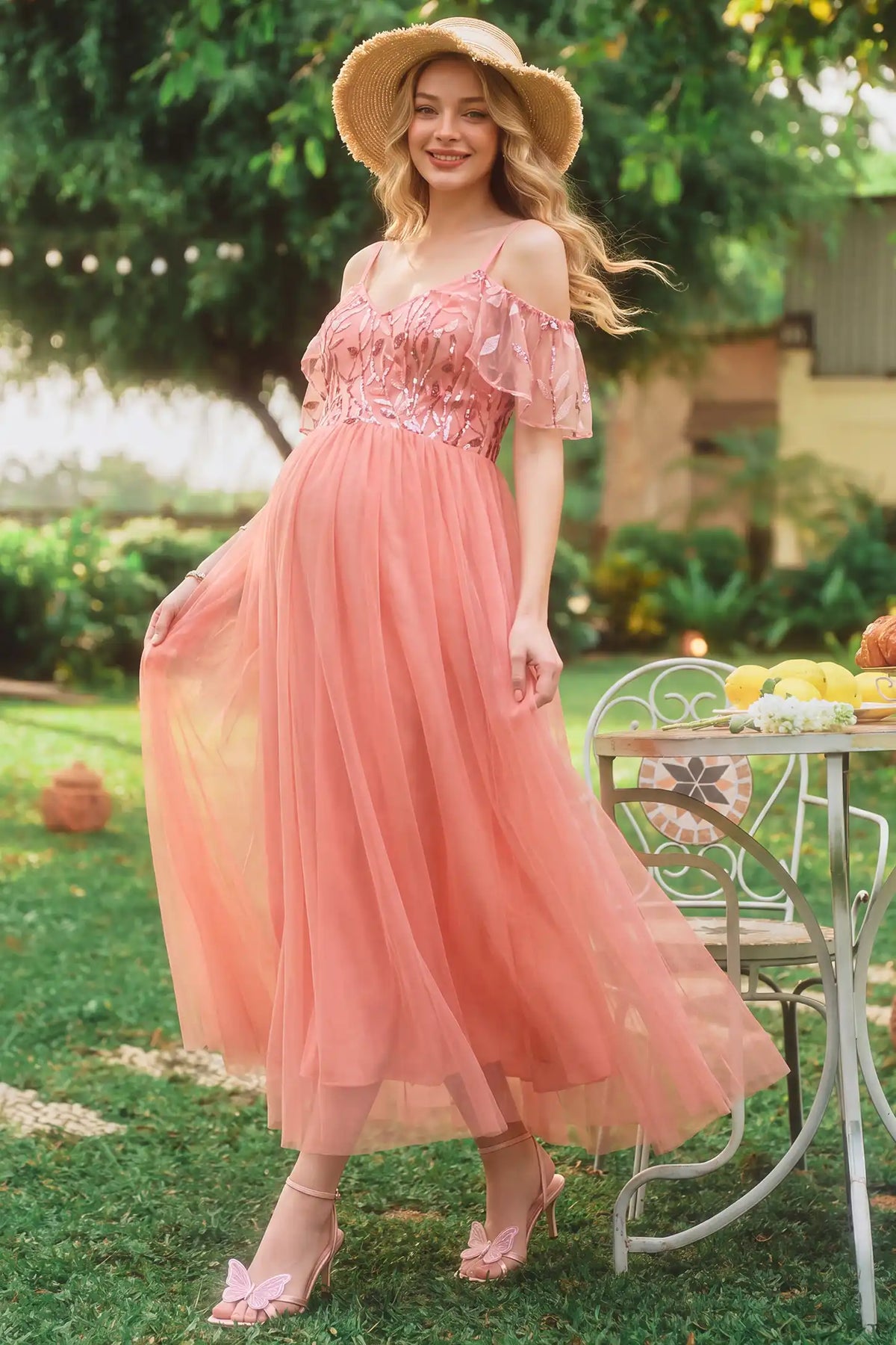 Sequin Flutter Sleeve Tulle Maternity Maxi Dress