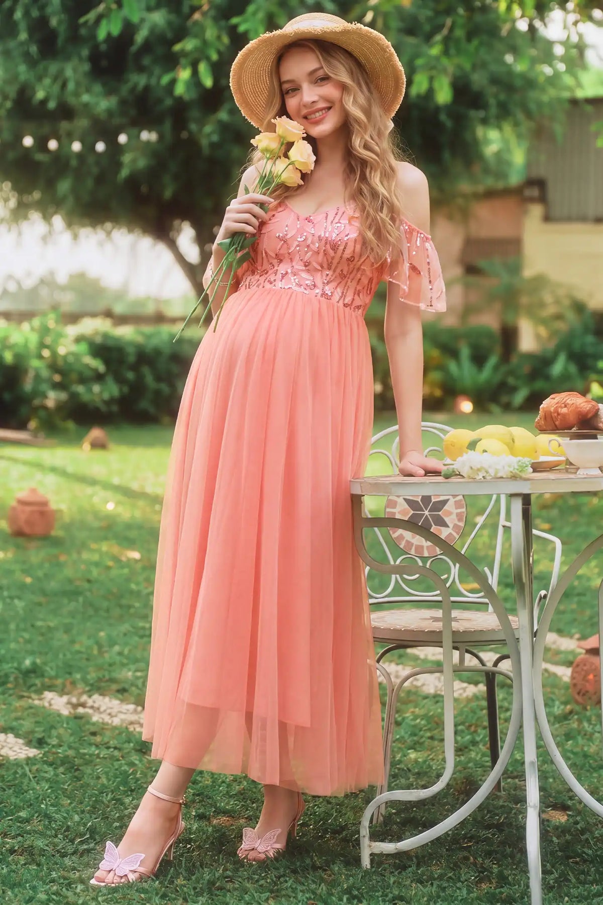 Sequin Flutter Sleeve Tulle Maternity Maxi Dress
