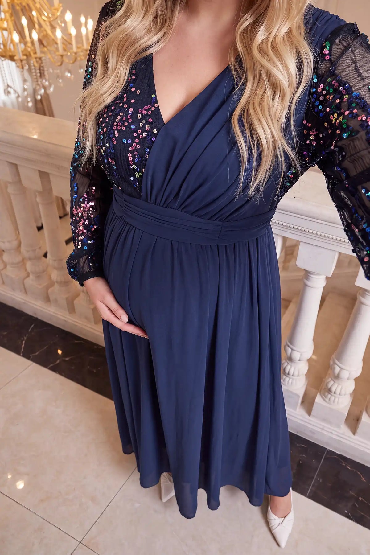Sequin Patchwork V Neck Chiffon Maternity Dress