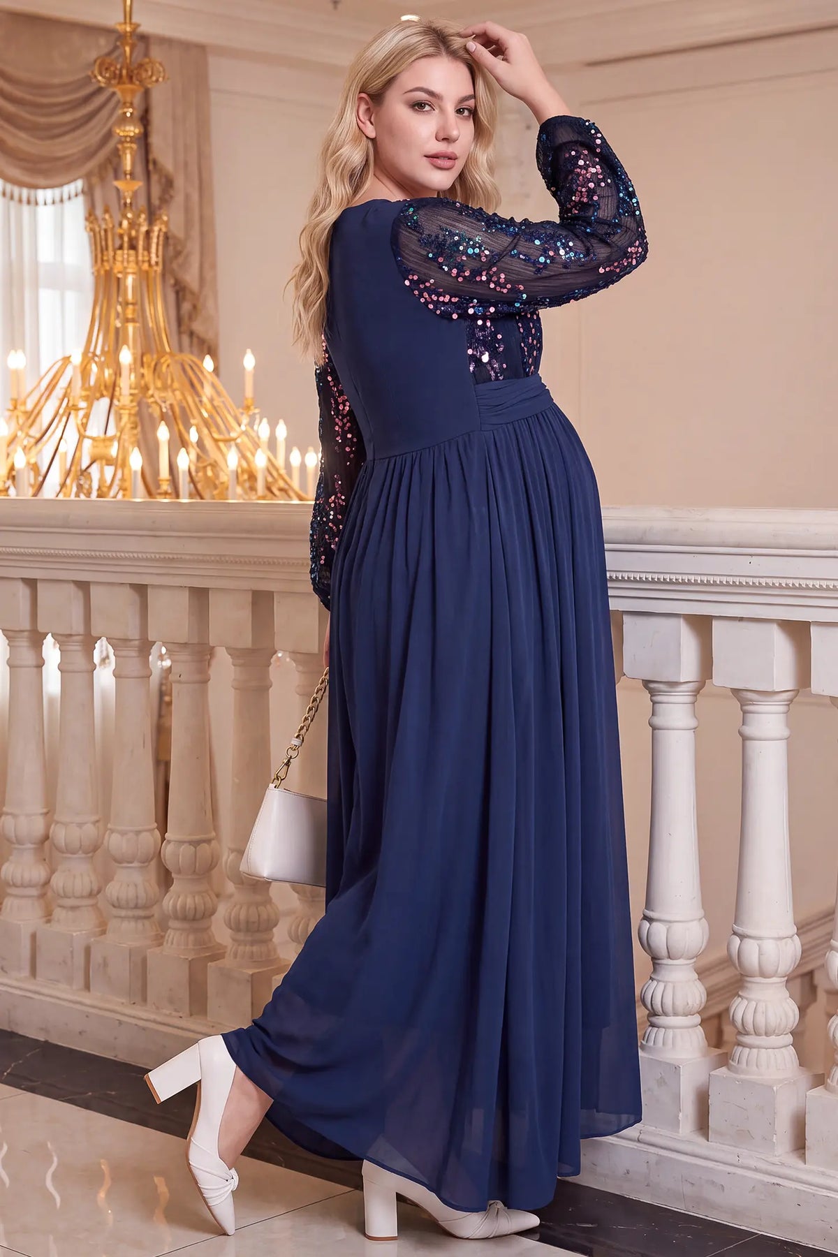 Sequin Patchwork V Neck Chiffon Maternity Dress