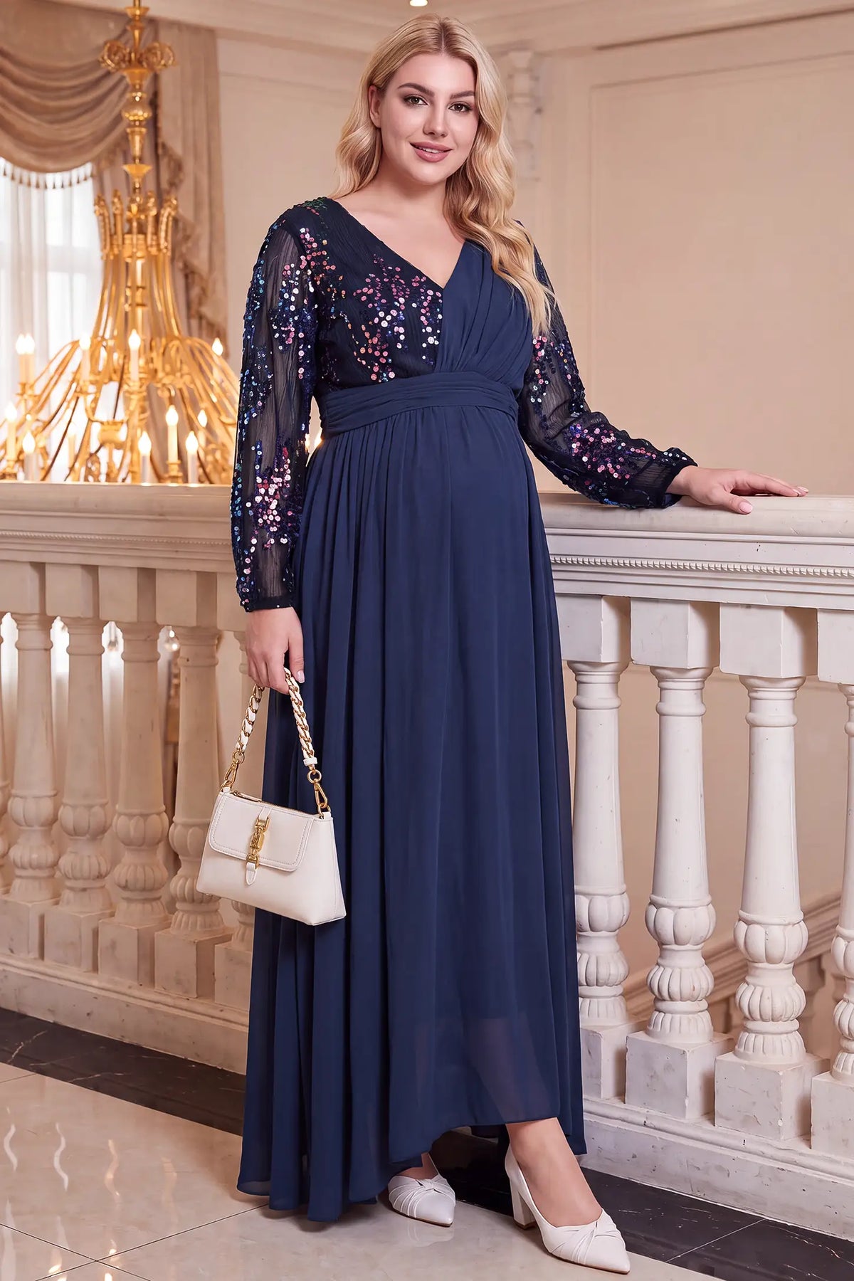 Sequin Patchwork V Neck Chiffon Maternity Dress