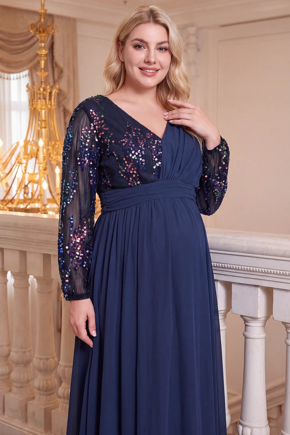 Sequin Patchwork V Neck Chiffon Maternity Dress