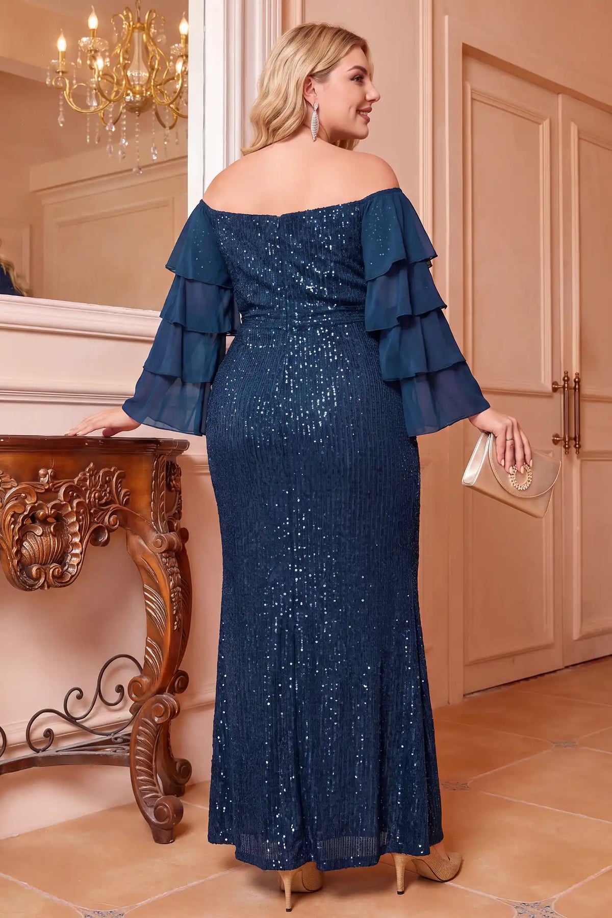 Sequin Off Shoulder Tiered Sleeve Maternity Dress