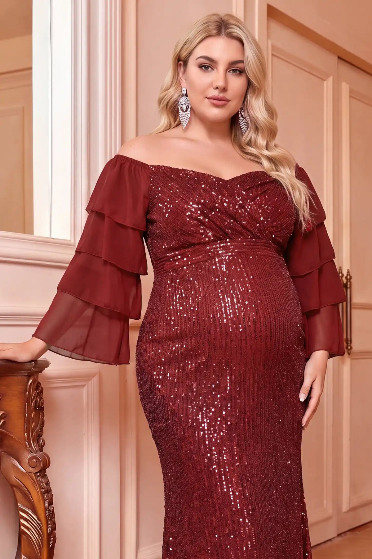Sequin Off Shoulder Tiered Sleeve Maternity Dress