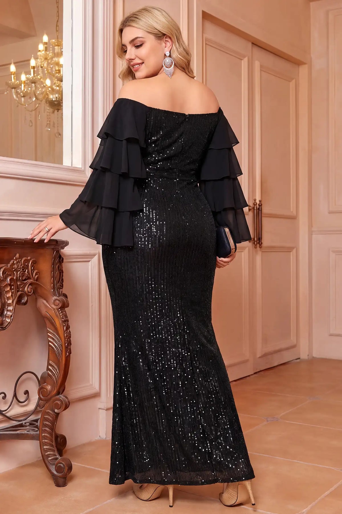 Sequin Off Shoulder Tiered Sleeve Maternity Dress