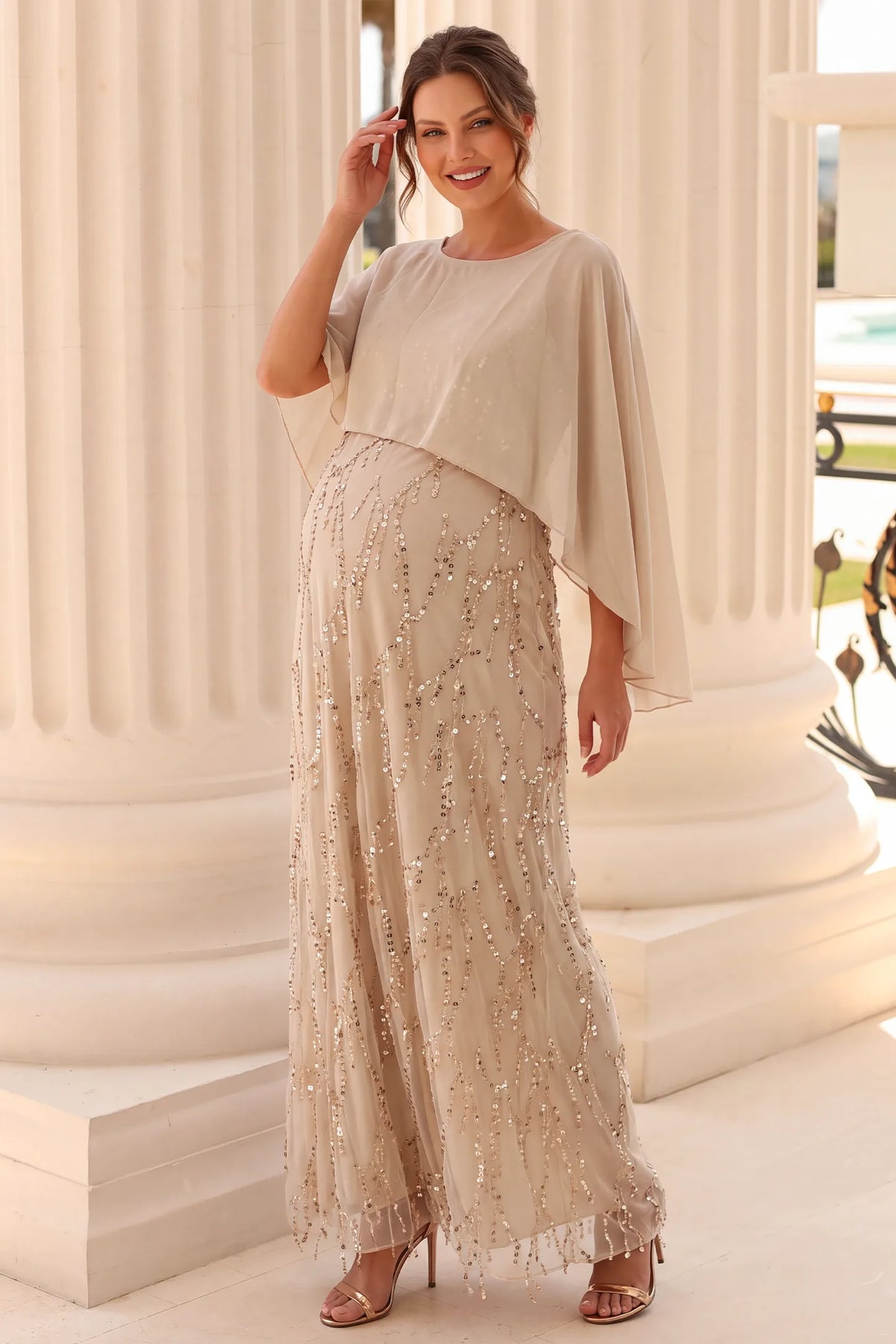 Sequin Fringe Cape Overlay Maternity Maxi Dress