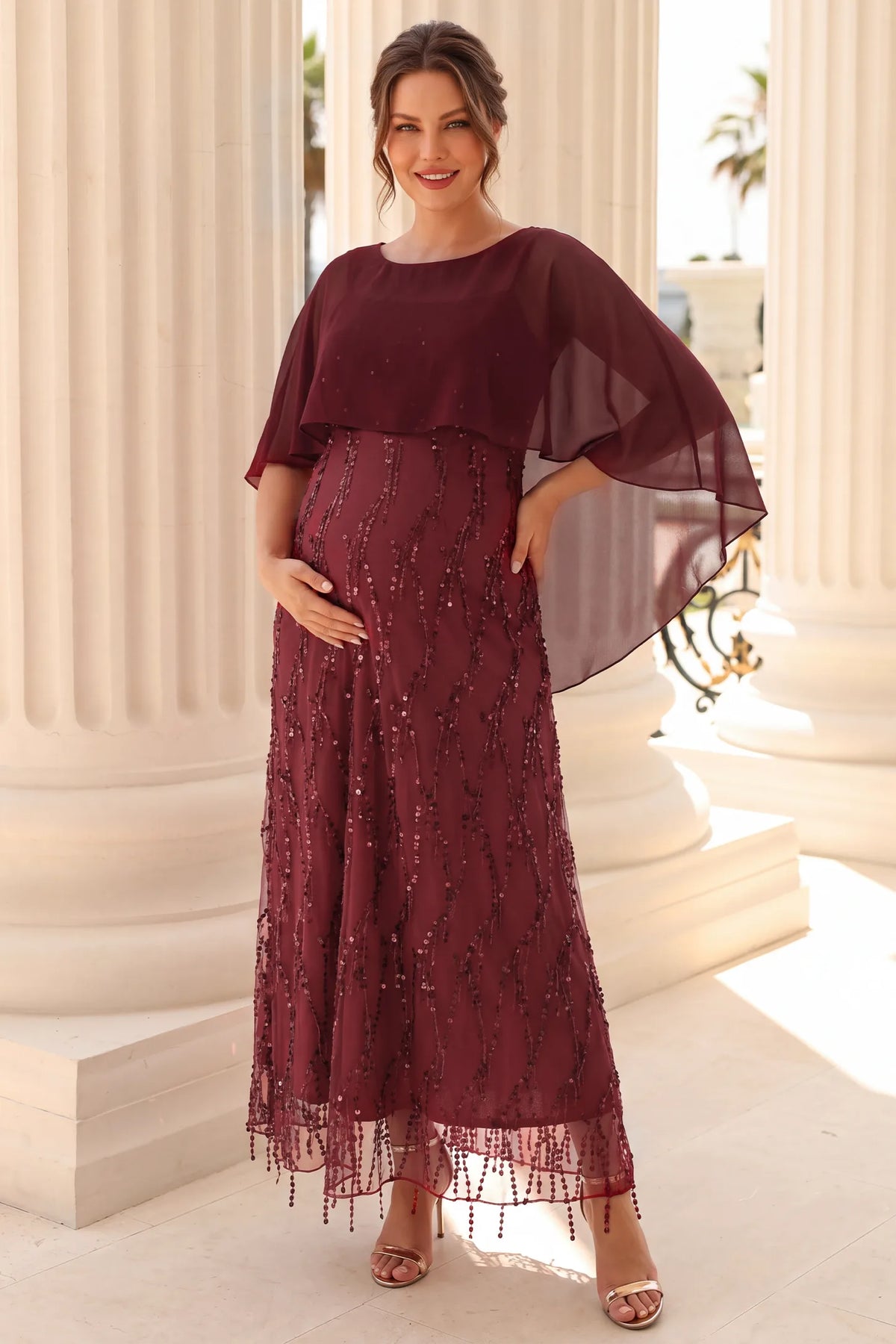 Sequin Fringe Cape Overlay Maternity Maxi Dress