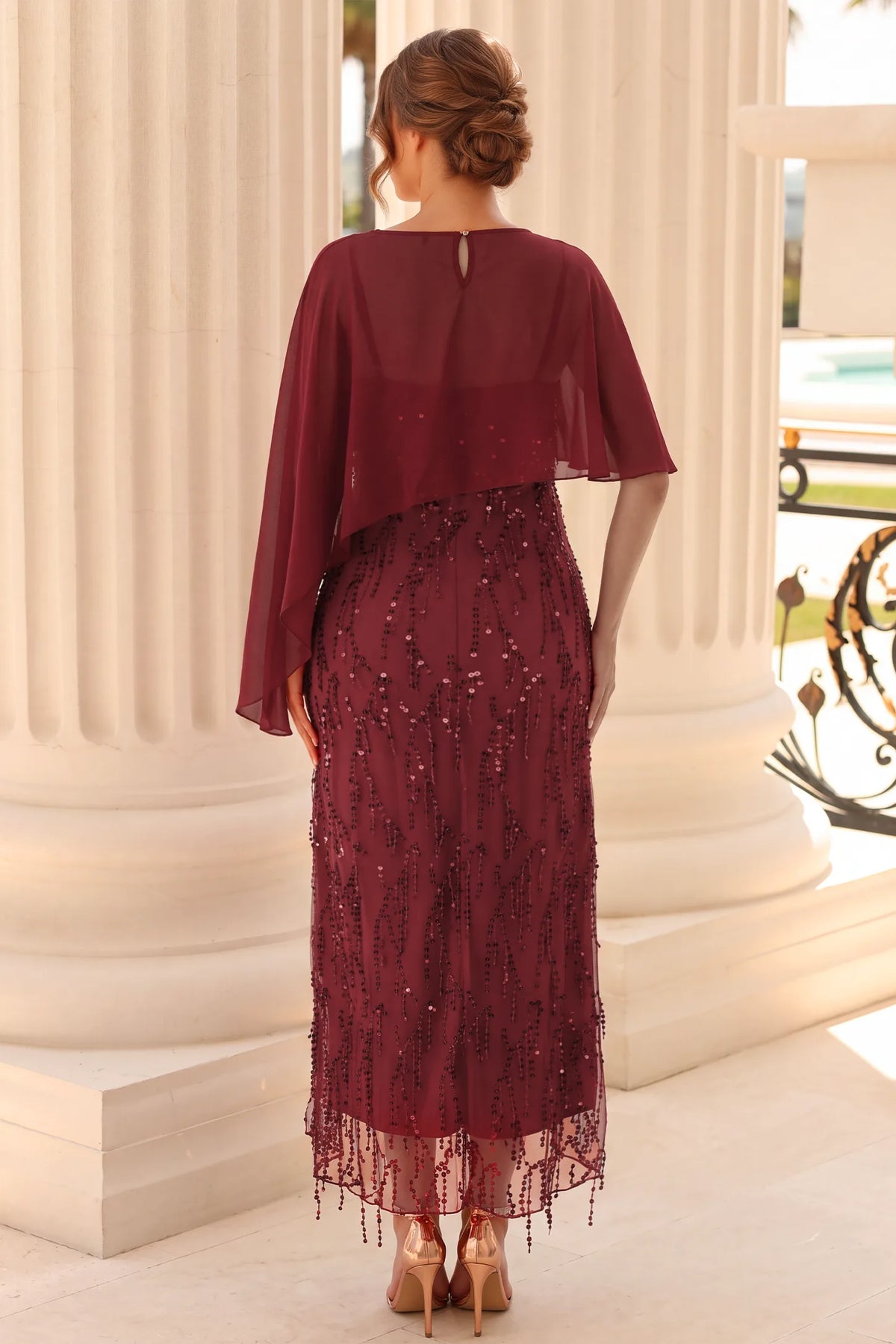 Sequin Fringe Cape Overlay Maternity Maxi Dress