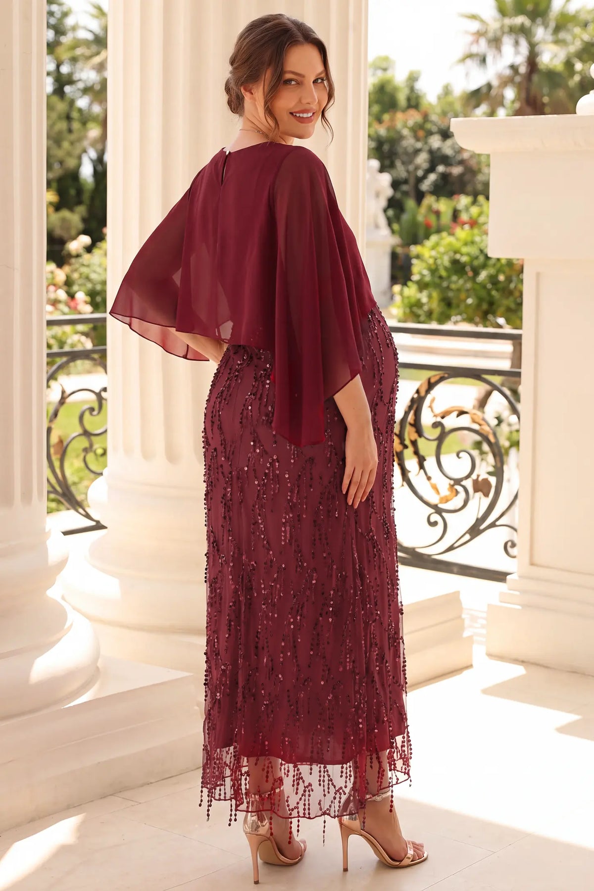Sequin Fringe Cape Overlay Maternity Maxi Dress