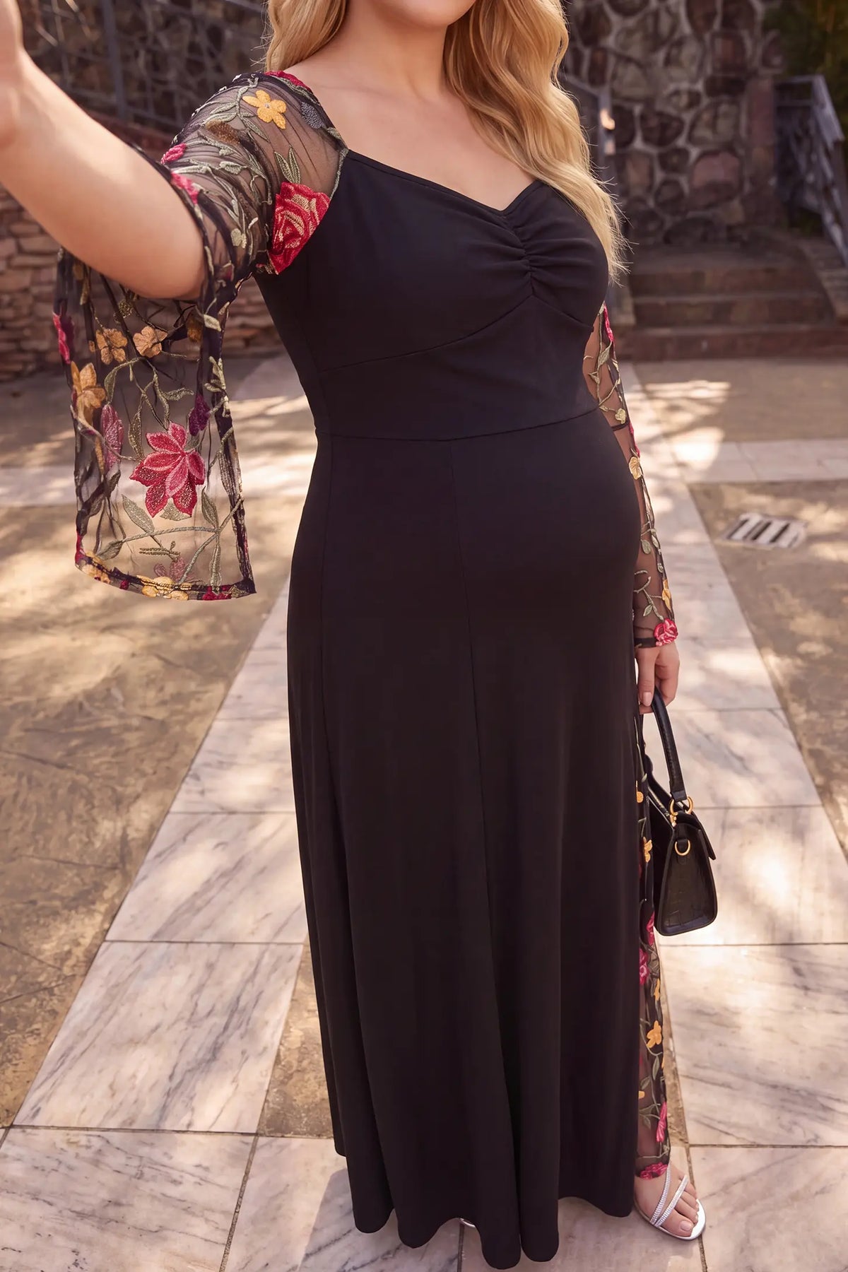 Sweetheart Neck Floral Embroidered Maternity Maxi Dress