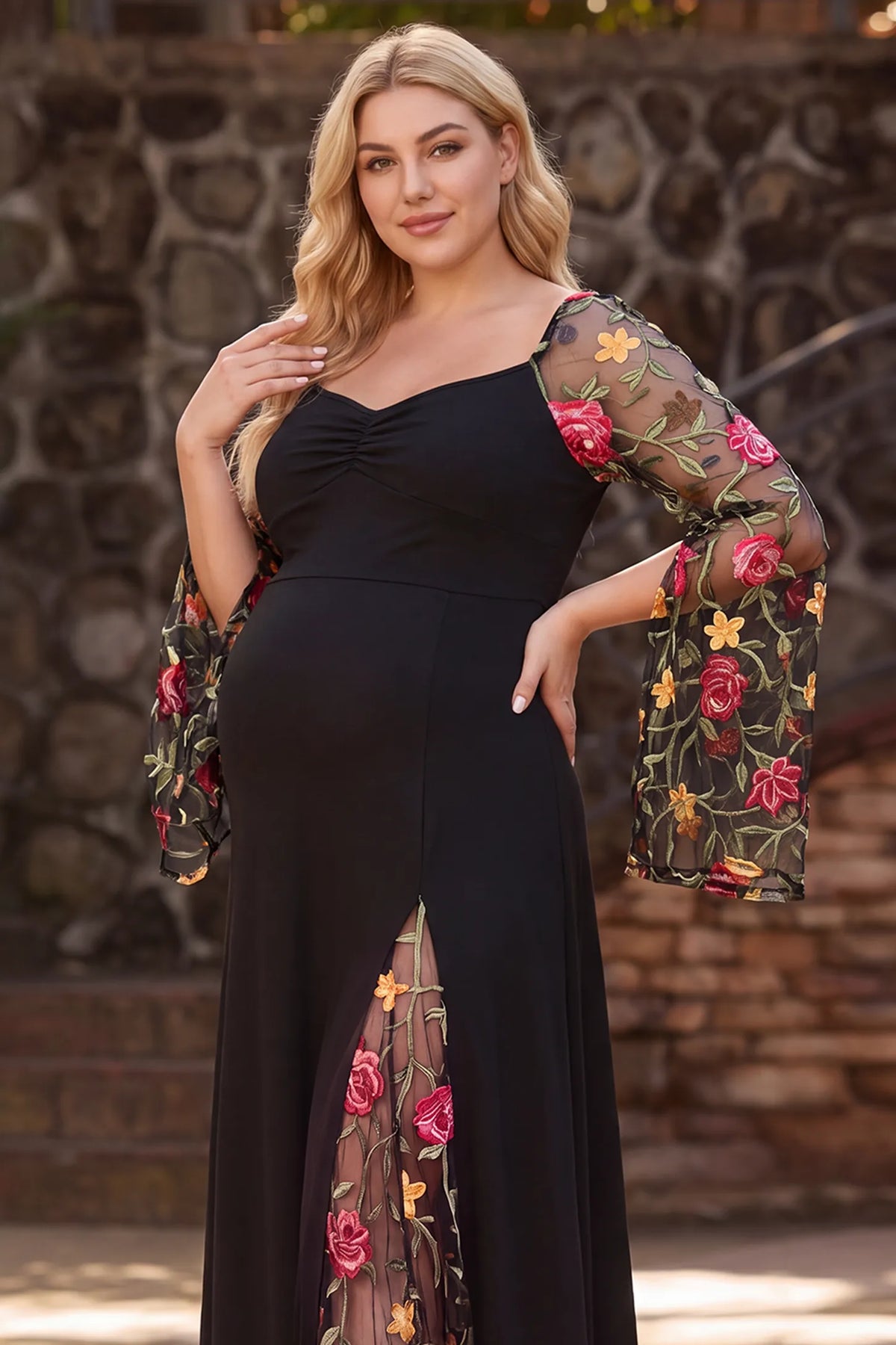 Sweetheart Neck Floral Embroidered Maternity Maxi Dress
