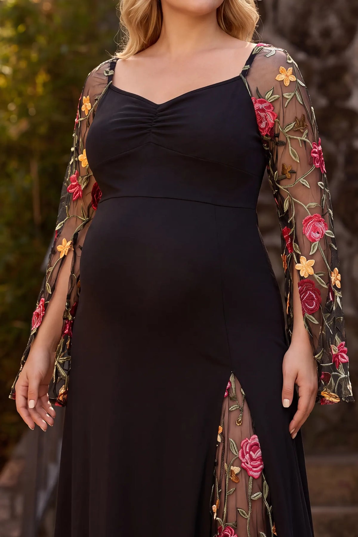 Sweetheart Neck Floral Embroidered Maternity Maxi Dress