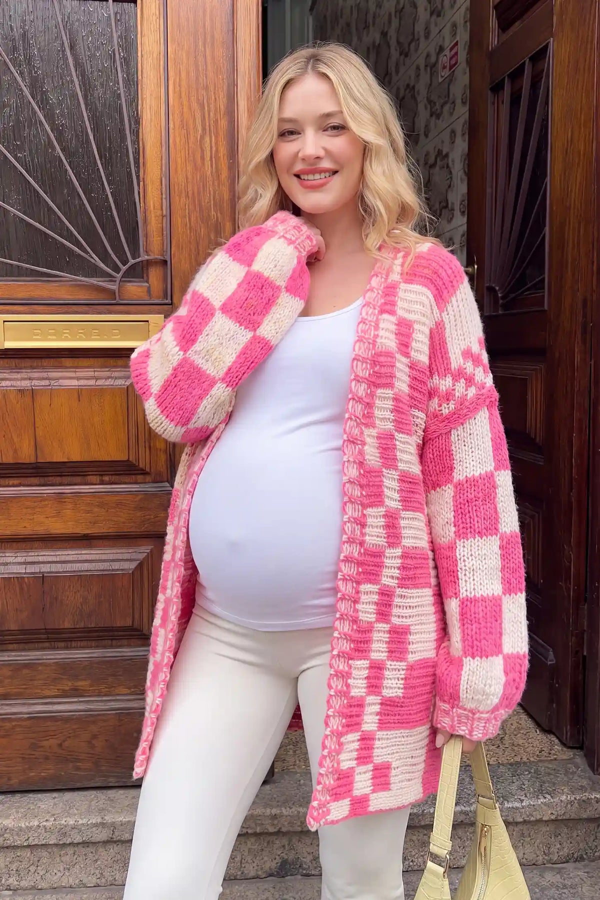 Chunky Knit Plaid Open Front Maternity Cardigan