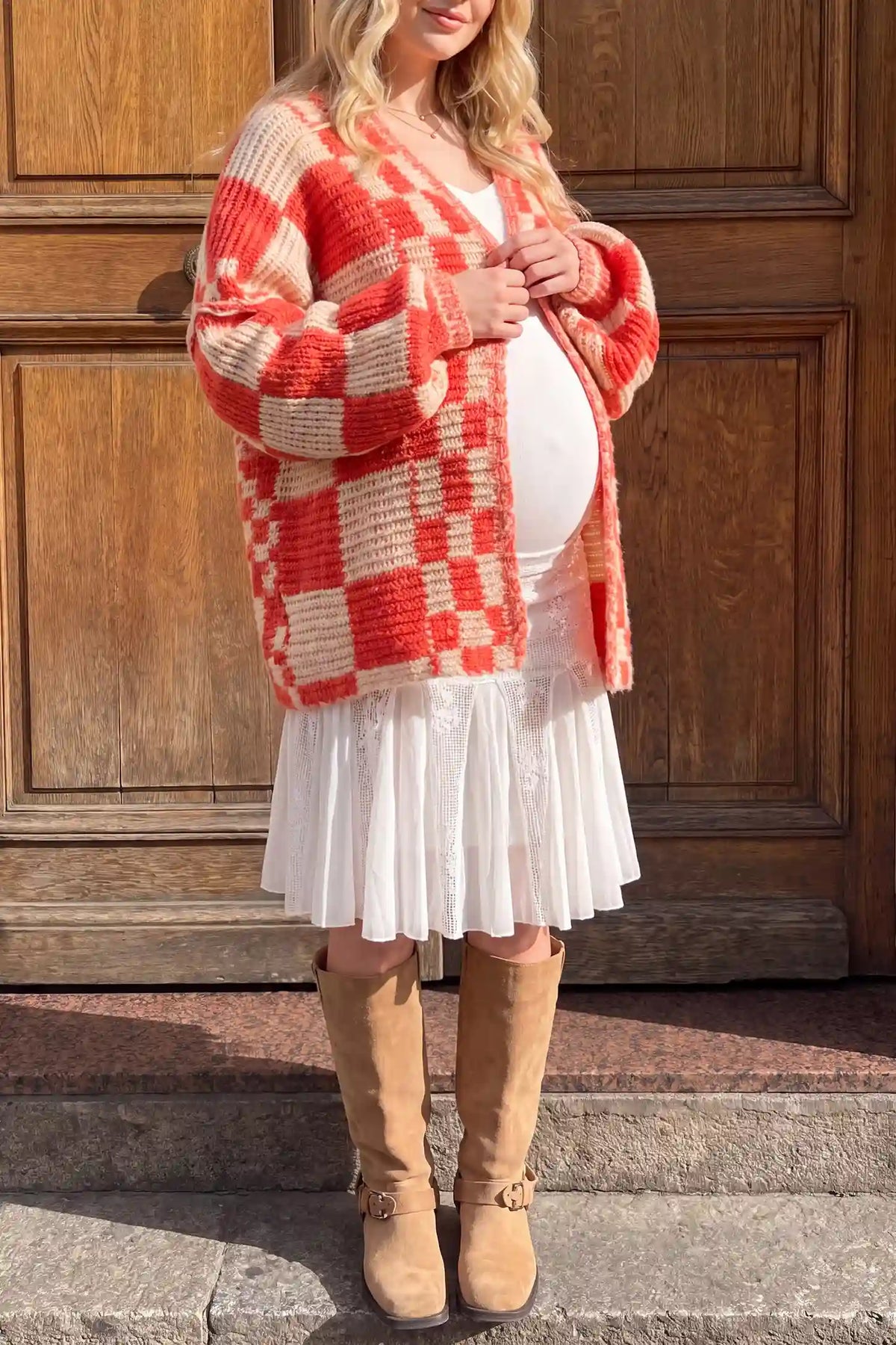 Chunky Knit Plaid Open Front Maternity Cardigan
