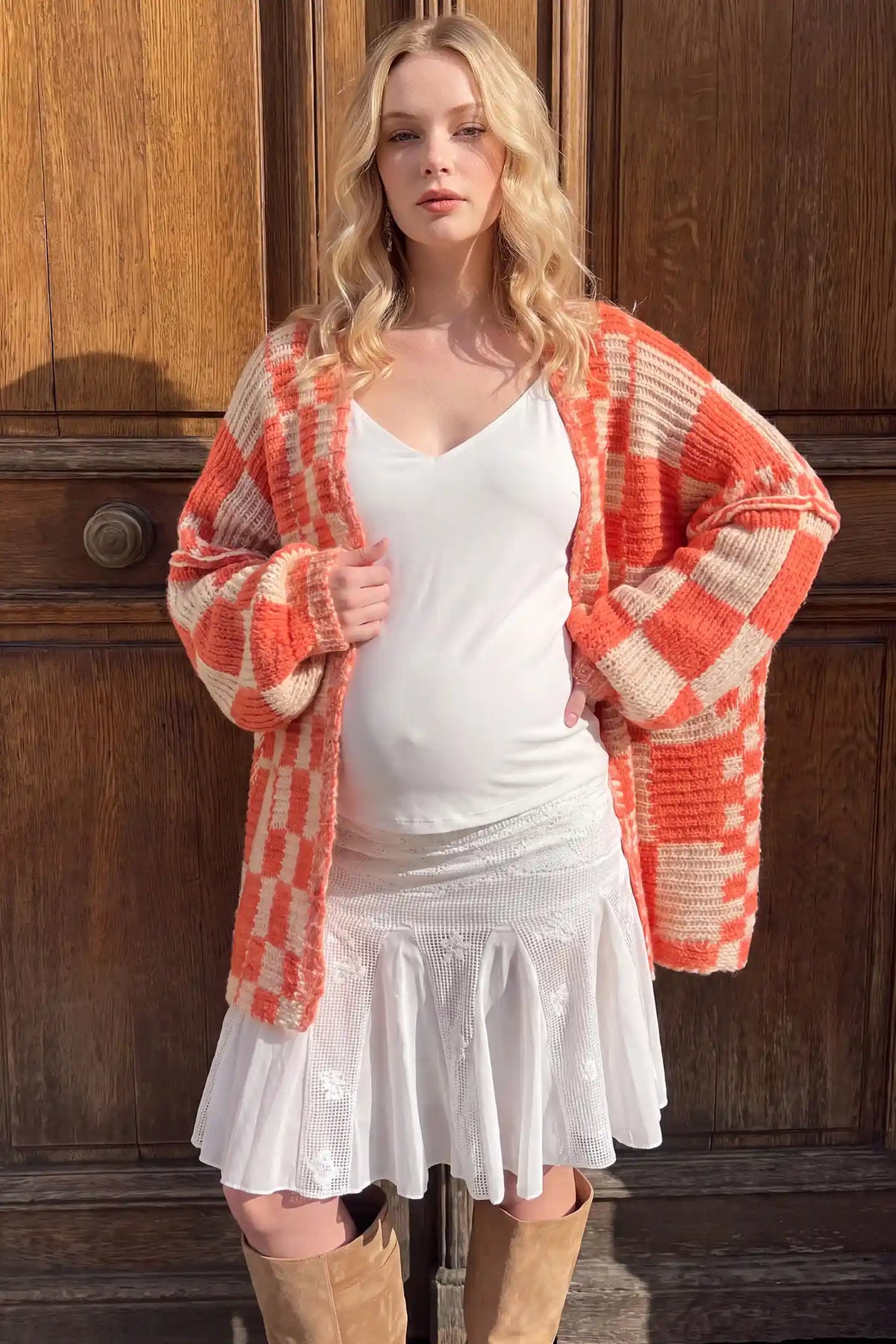 Chunky Knit Plaid Open Front Maternity Cardigan