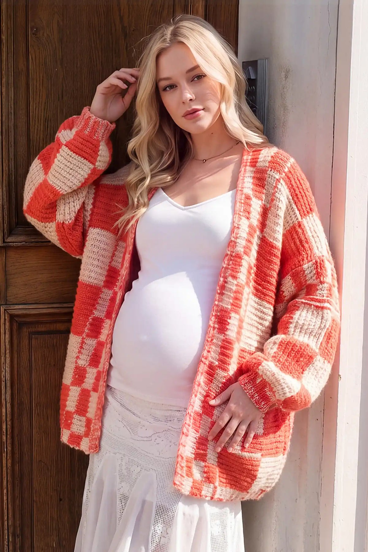 Chunky Knit Plaid Open Front Maternity Cardigan