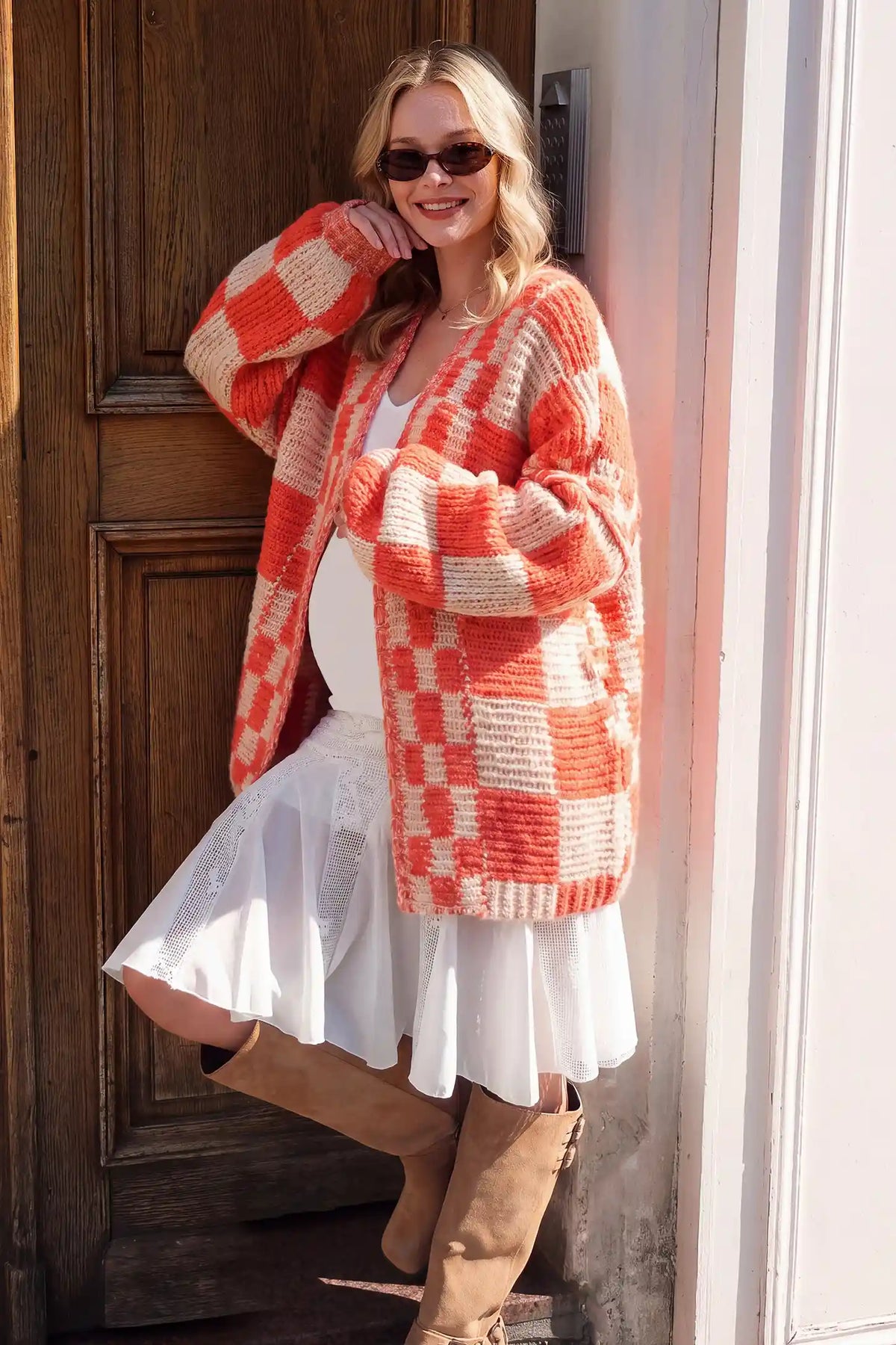 Chunky Knit Plaid Open Front Maternity Cardigan