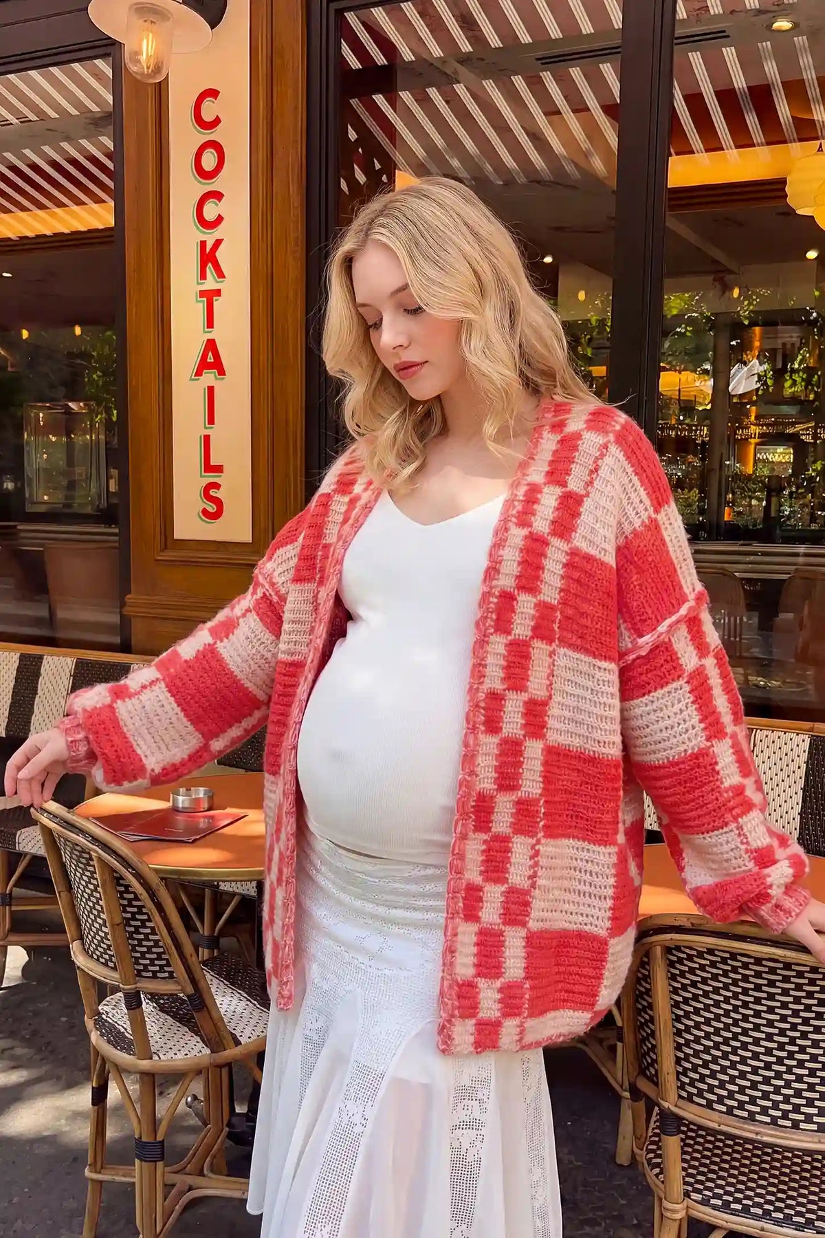 Chunky Knit Plaid Open Front Maternity Cardigan
