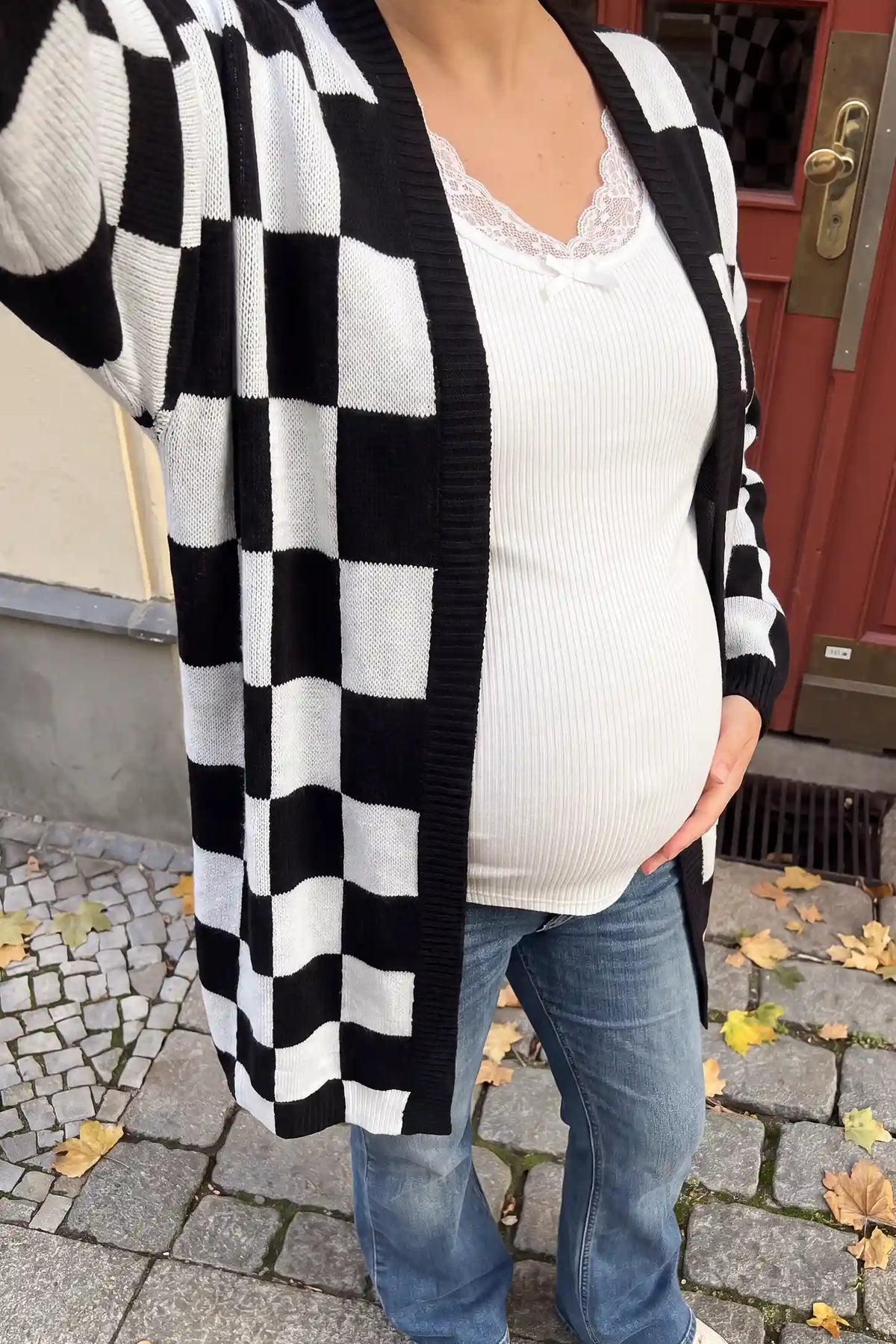 Contrast Checkerboard Open Front Knit Maternity Cardigan